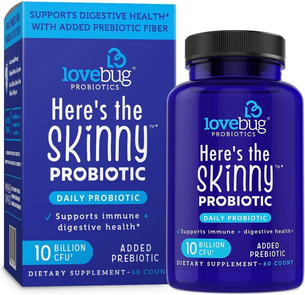 Lovebug Probiotics Here's The Skinny - Constipation, Gas, Bloat Relief - 10 Billion CFU, 60 Count