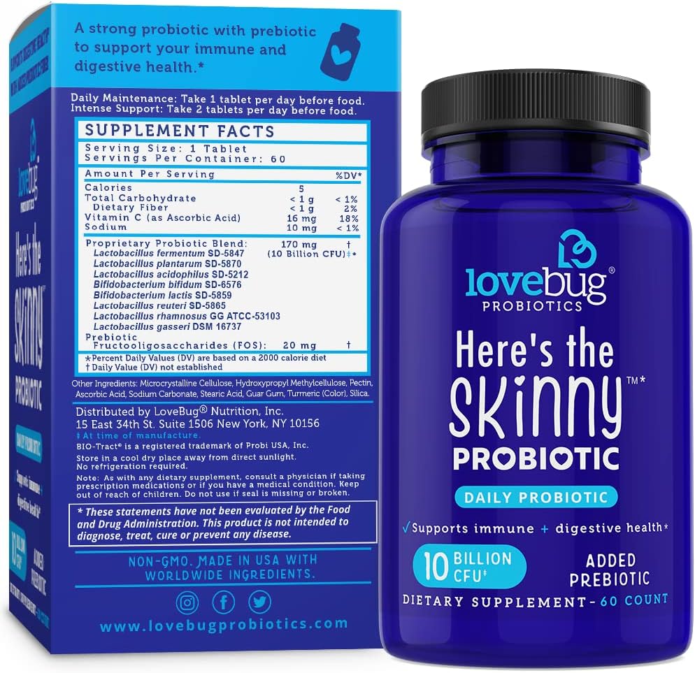 Lovebug Probiotics Here's The Skinny - Constipation, Gas, Bloat Relief - 10 Billion CFU, 60 Count