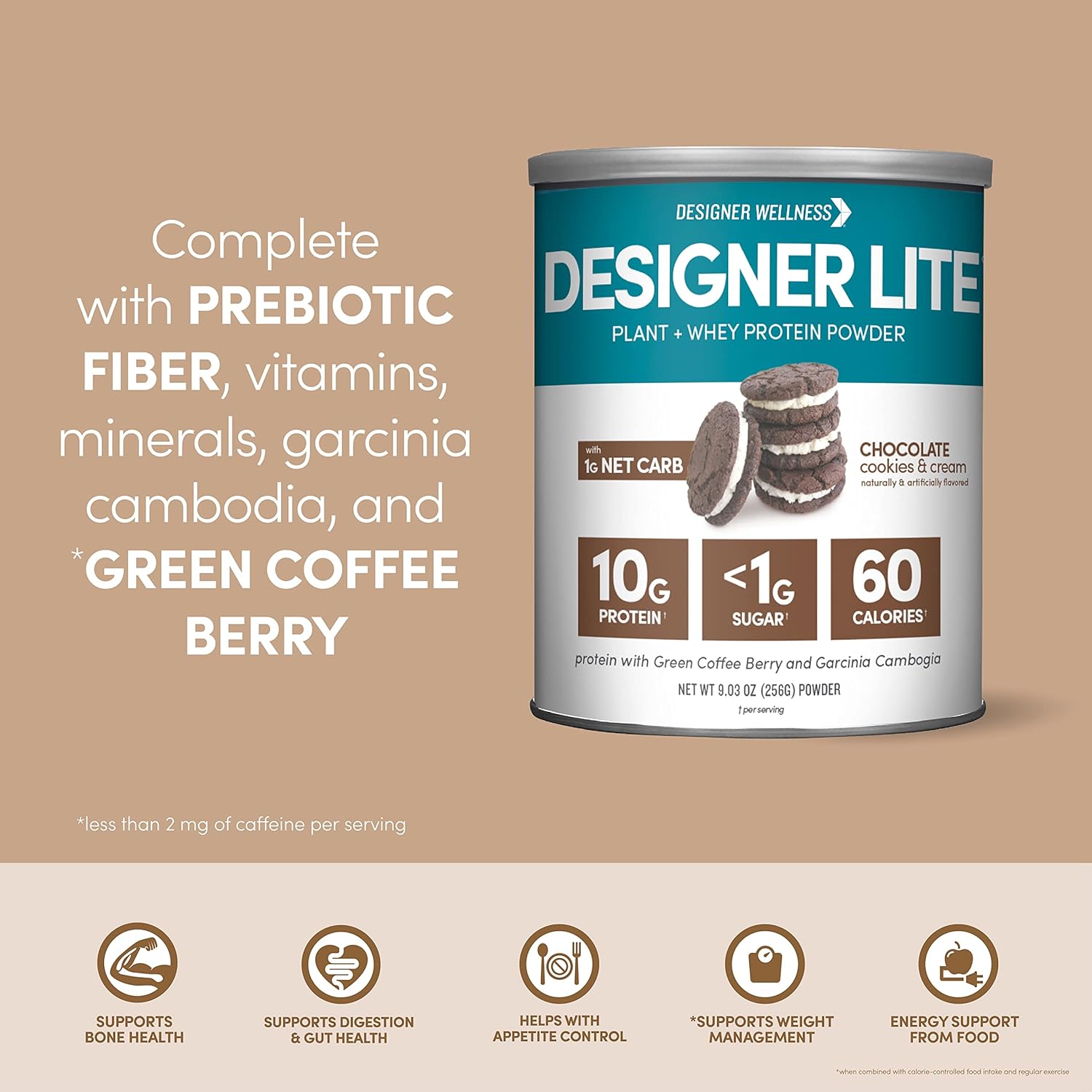 Low Calorie Chocolate Cookies & Cream Designer Protein with Prebiotic Fiber, Key Vitamins & Minerals - 9.03 Ounces