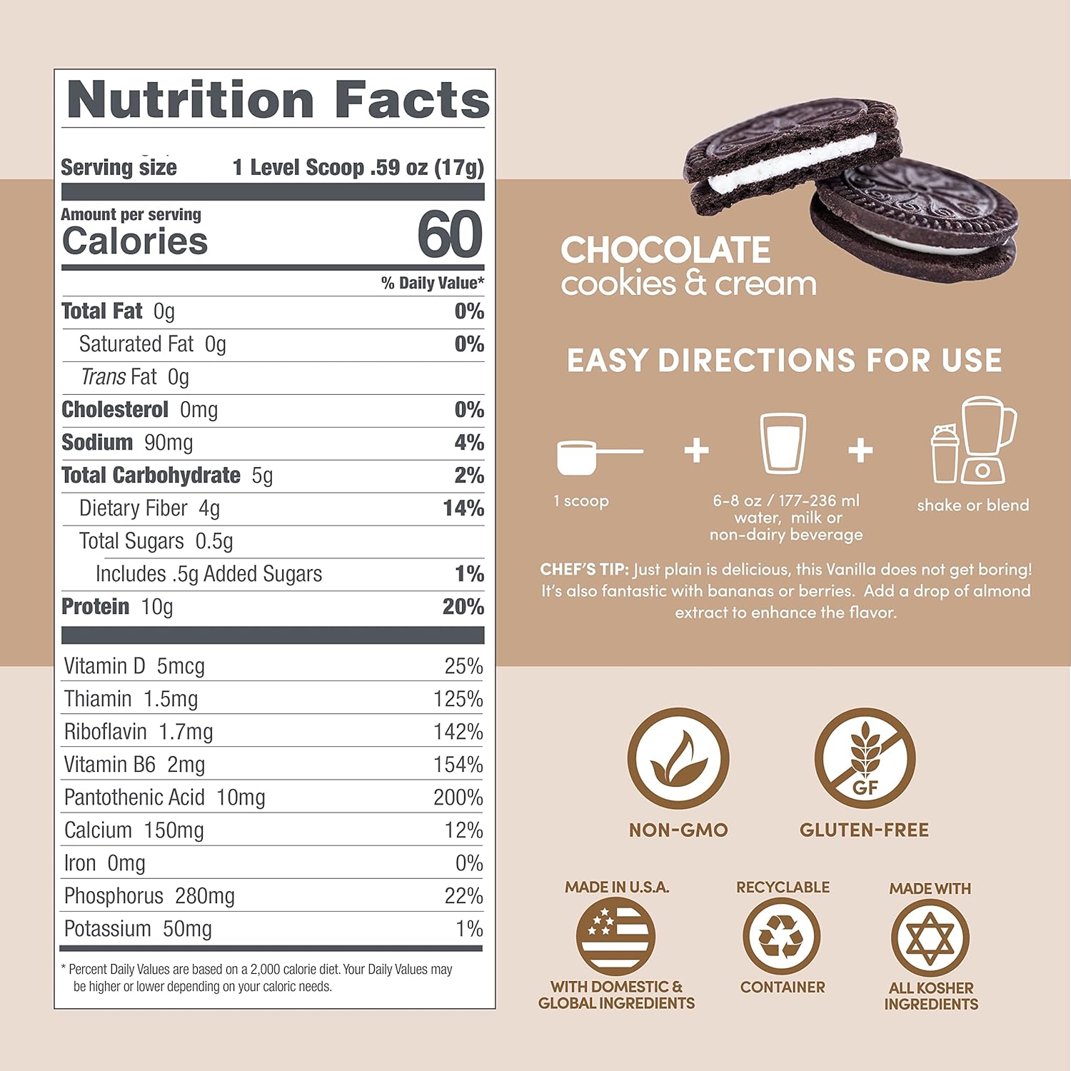 Low Calorie Chocolate Cookies & Cream Designer Protein with Prebiotic Fiber, Key Vitamins & Minerals - 9.03 Ounces