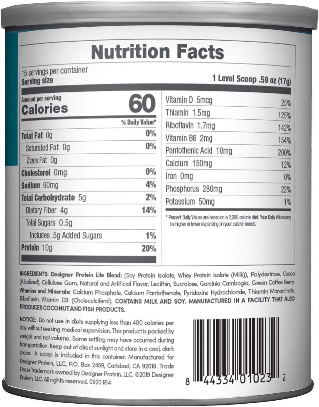 Low Calorie Chocolate Cookies & Cream Designer Protein with Prebiotic Fiber, Key Vitamins & Minerals - 9.03 Ounces