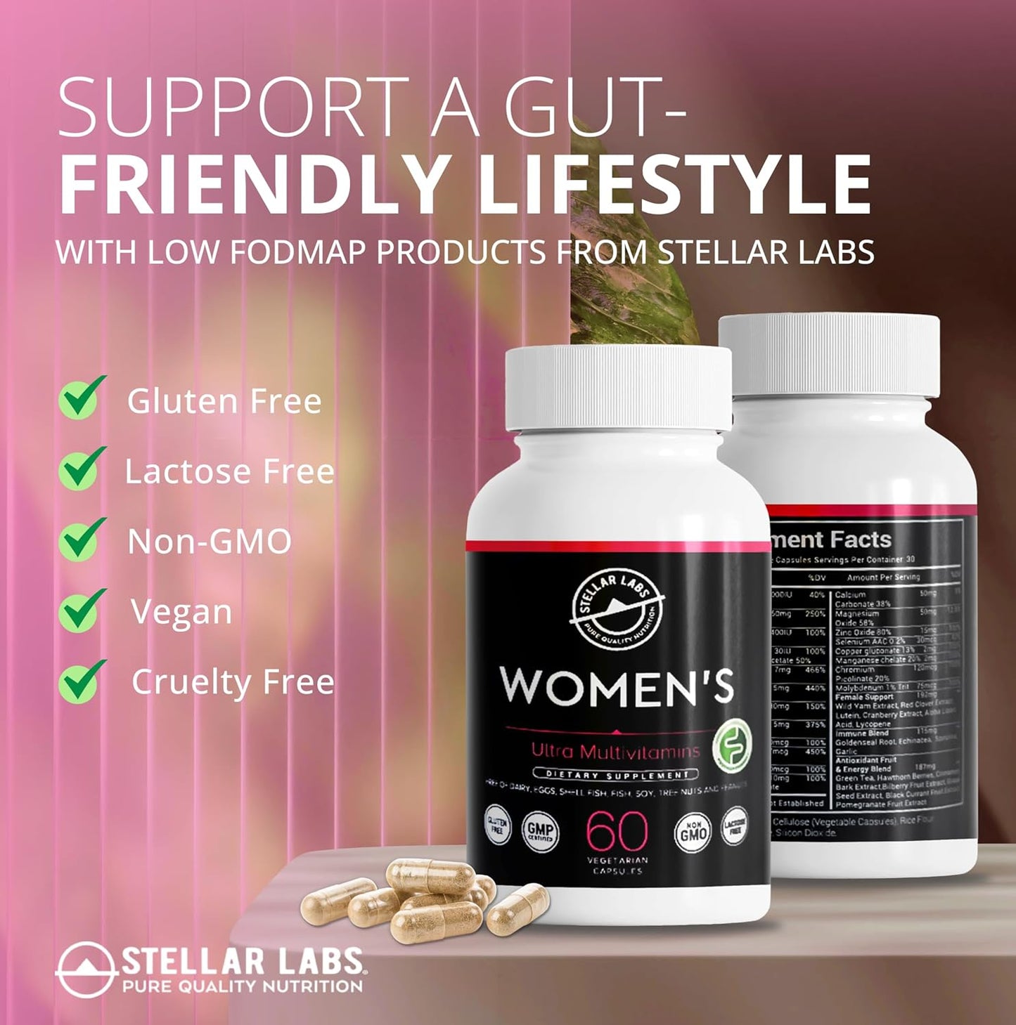Low FODMAP Vegan Women's Ultra Multi-Vitamin for Low Energy Support | Iron-Free Digestible Daily Multivitamin for Females | Easy to Swallow Veggie Capsules - 60 Count