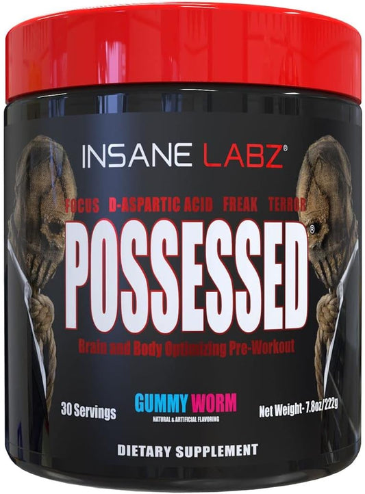 Low Stimulant Testosterone Boosting Pre Workout Powder with D Aspartic Acid & Creatine - Insane Labz Possessed, 30 Servings, Gummy Worm Flavor