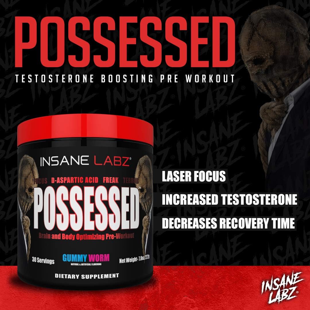 Low Stimulant Testosterone Boosting Pre Workout Powder with D Aspartic Acid & Creatine - Insane Labz Possessed, 30 Servings, Gummy Worm Flavor