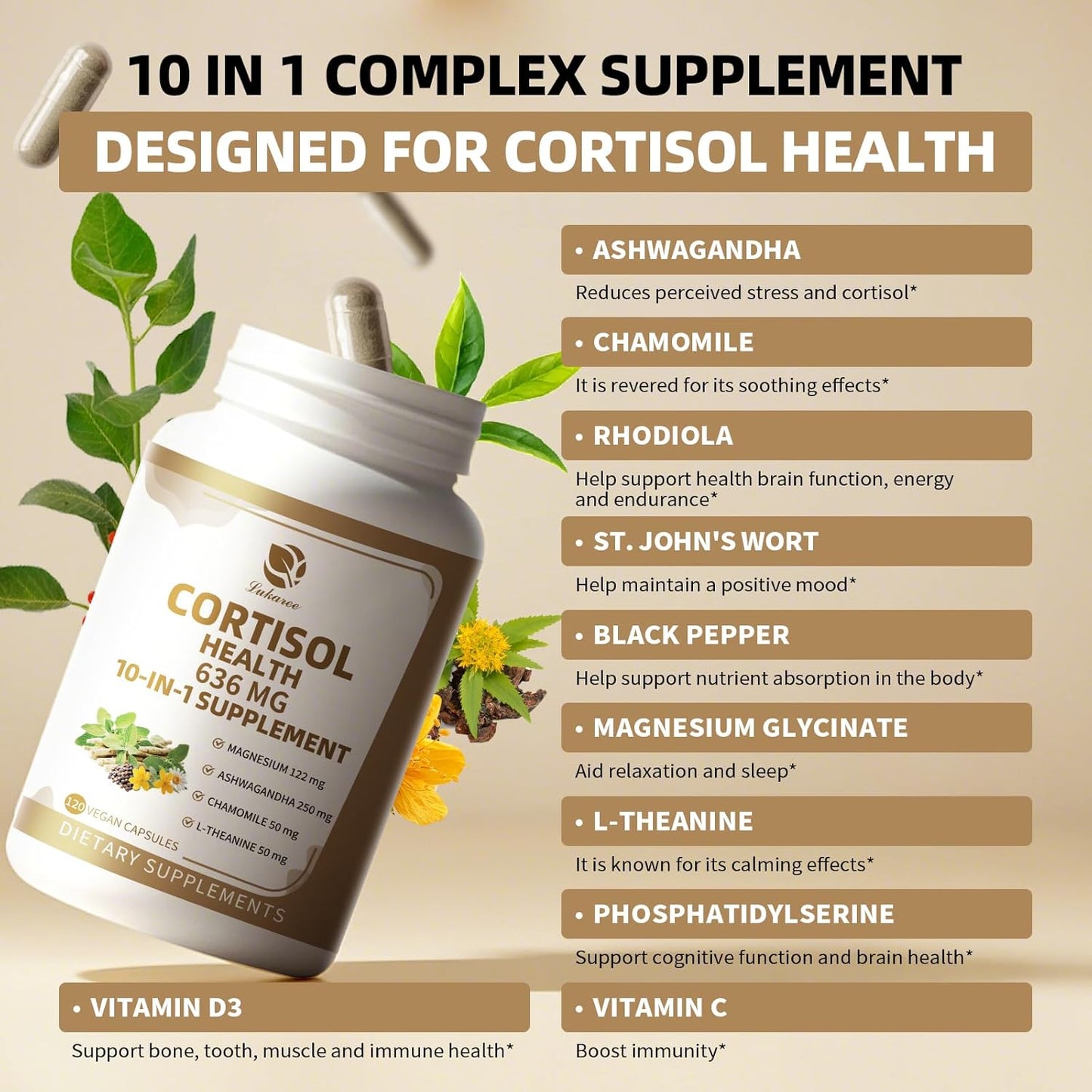 Lukaree 10-in-1 Cortisol Reducer Supplement for Men & Women - Mood, Focus, Sleep Support - 120 Vegan Capsules