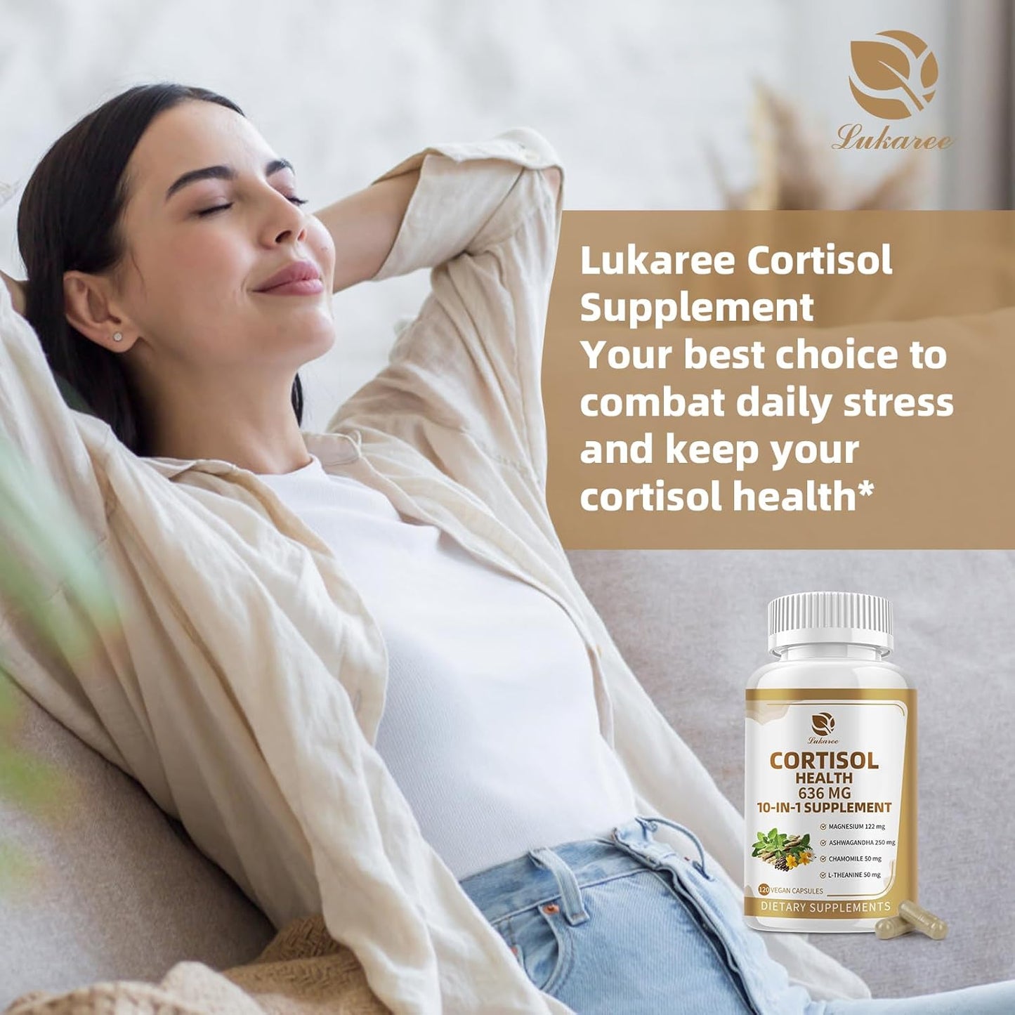 Lukaree 10-in-1 Cortisol Reducer Supplement for Men & Women - Mood, Focus, Sleep Support - 120 Vegan Capsules