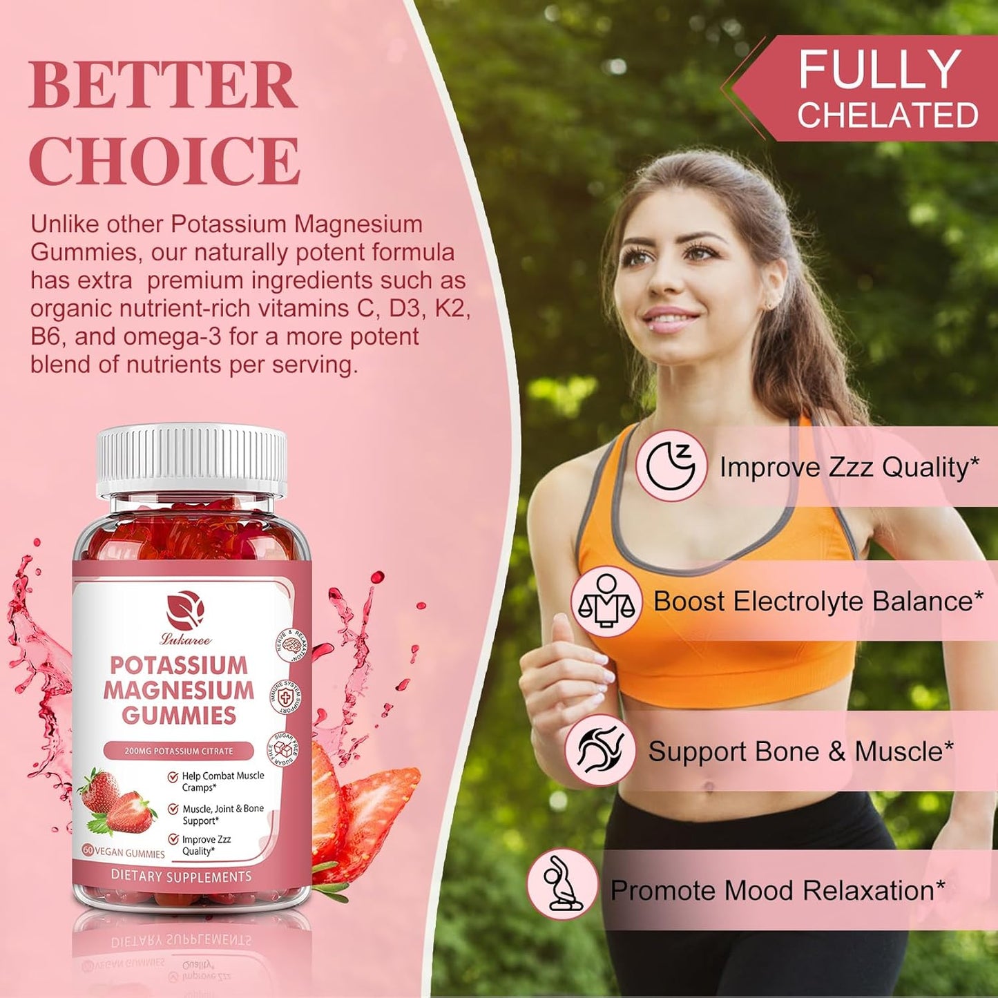 Lukaree High Absorption Potassium Magnesium Gummies with Omega 3, B6, D3, K2 & Calcium - Chewable Gummy for Leg Cramps, Immunity & Energy - 60 Count