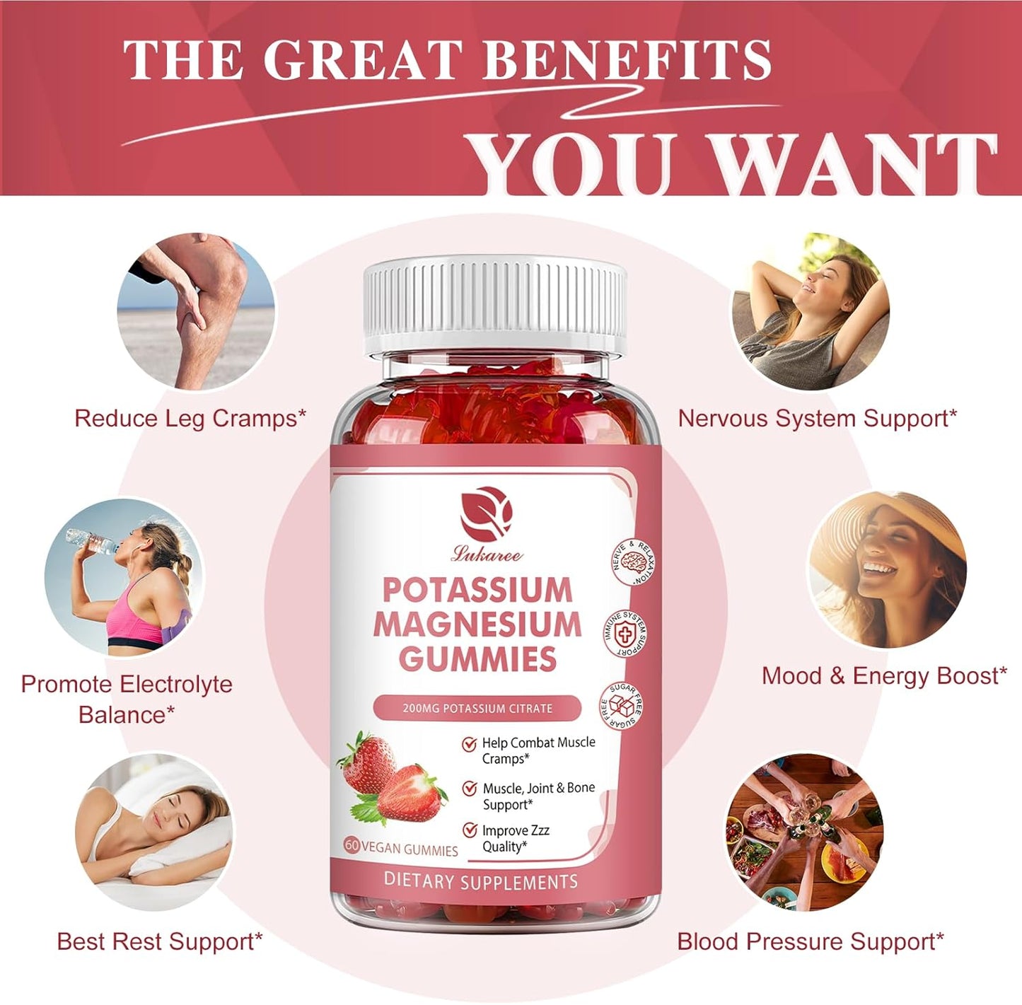 Lukaree High Absorption Potassium Magnesium Gummies with Omega 3, B6, D3, K2 & Calcium - Chewable Gummy for Leg Cramps, Immunity & Energy - 60 Count