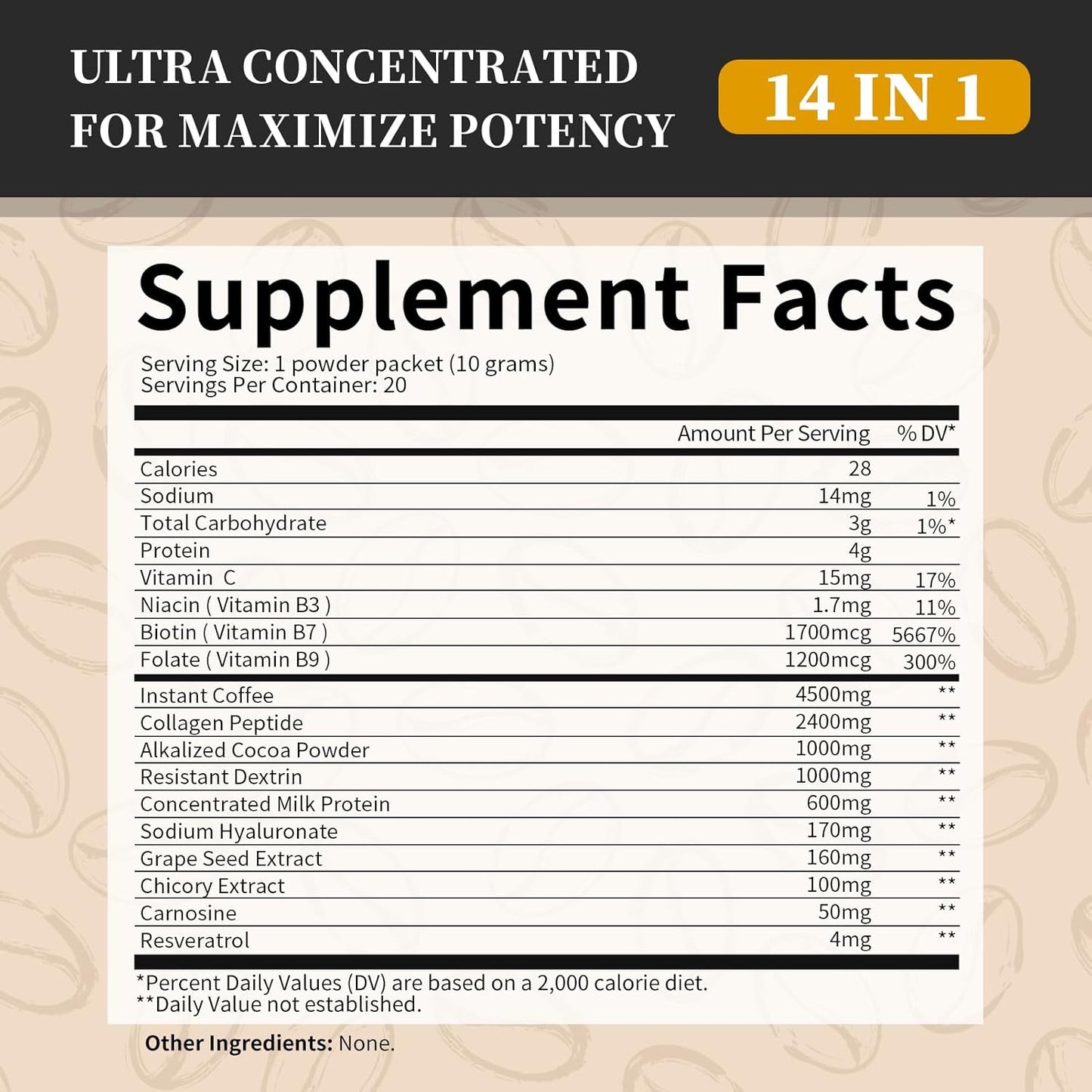 Lukaree Instant Collagen Coffee with Vitamin C, B7, B9, Collagen Peptide Powder with Resveratrol and Carnosine for Hair, Skin, Nails, and Bones