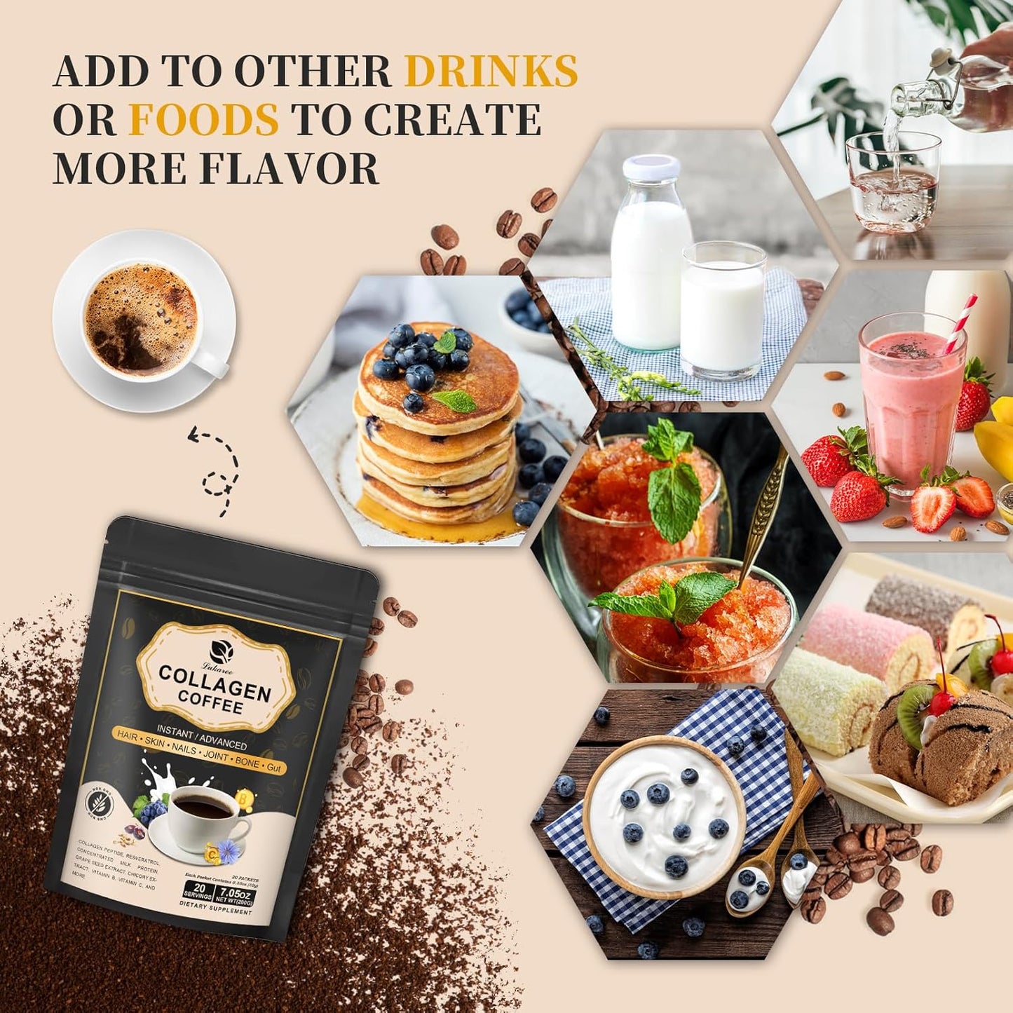 Lukaree Instant Collagen Coffee with Vitamin C, B7, B9, Collagen Peptide Powder with Resveratrol and Carnosine for Hair, Skin, Nails, and Bones
