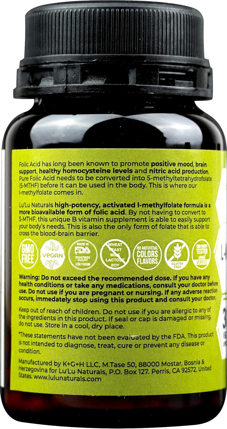 Lu'Lu Naturals L Methylfolate 15mg Activated Methyl Folate, Folic Acid, 5-mthf 30 Veggie Caps
