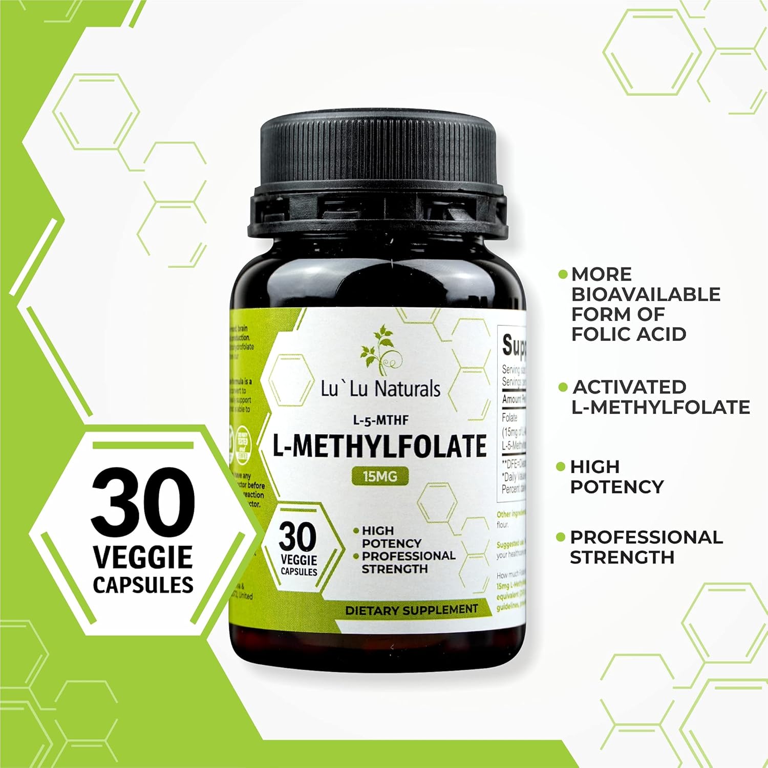 Lu'Lu Naturals L Methylfolate 15mg Activated Methyl Folate, Folic Acid, 5-mthf 30 Veggie Caps