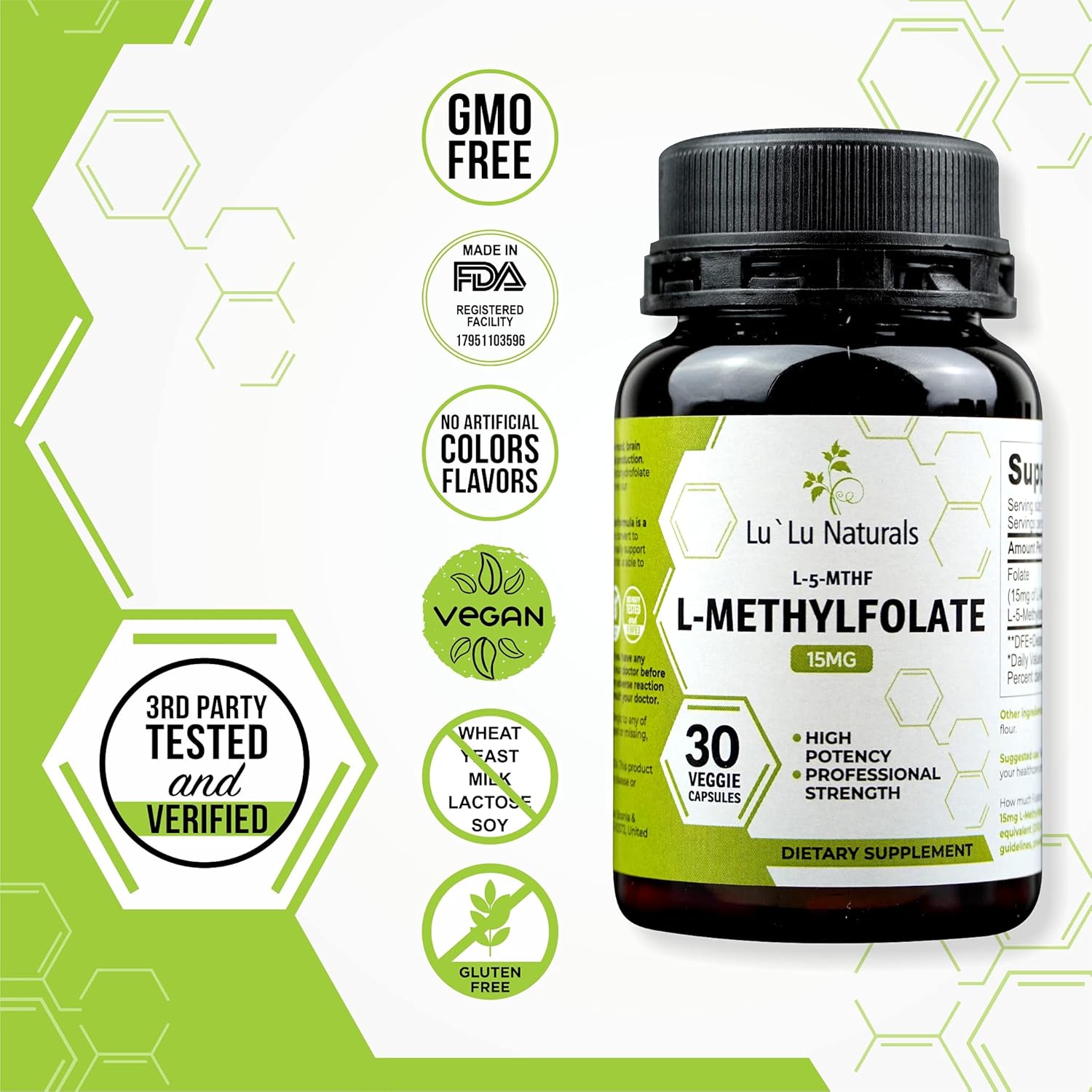 Lu'Lu Naturals L Methylfolate 15mg Activated Methyl Folate, Folic Acid, 5-mthf 30 Veggie Caps