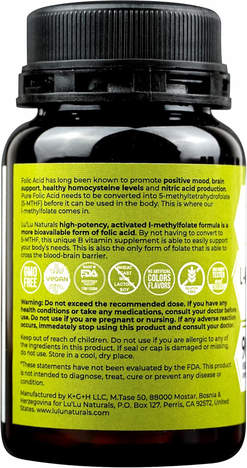 Lu'Lu Naturals L-Methylfolate 15mg Optimized and Activated Folic Acid. 90 Veggie Caps Methyl Folate, L-5-mthf