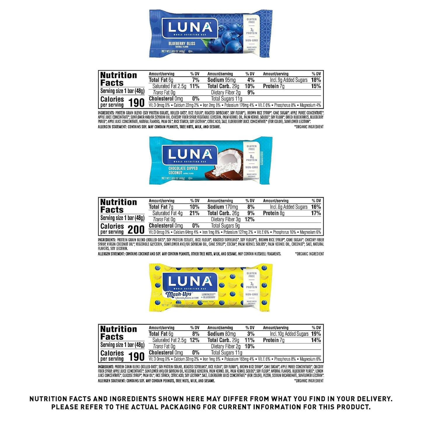 LUNA Bar Variety Pack - Gluten-Free, Non-GMO, 7-9g Protein, Organic Oats, Low Glycemic, Whole Nutrition Snack Bars - 12 Count