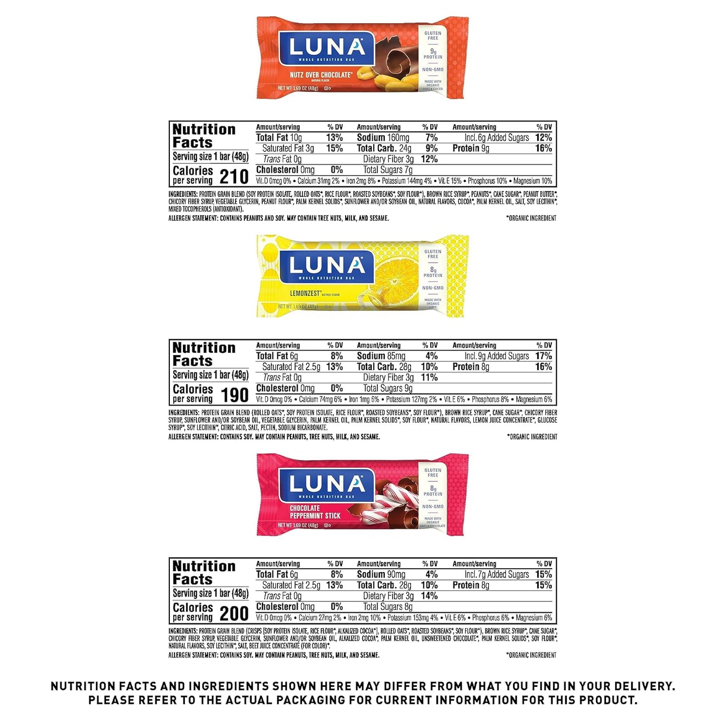LUNA Bar Variety Pack - Gluten-Free, Non-GMO, 7-9g Protein, Organic Oats, Low Glycemic, Whole Nutrition Snack Bars - 12 Count