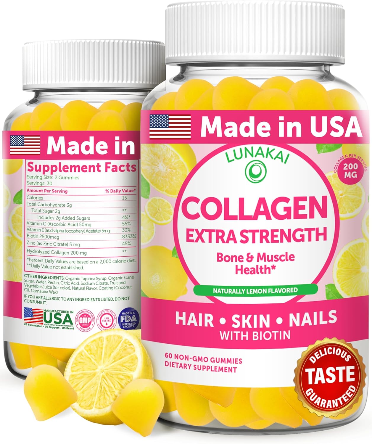Lunakai USA Made Collagen Peptides Gummies - 200mg Non-GMO Anti-Aging Supplement for Hair, Skin, and Nails with Biotin, Zinc, Vitamins C & E, 60ct