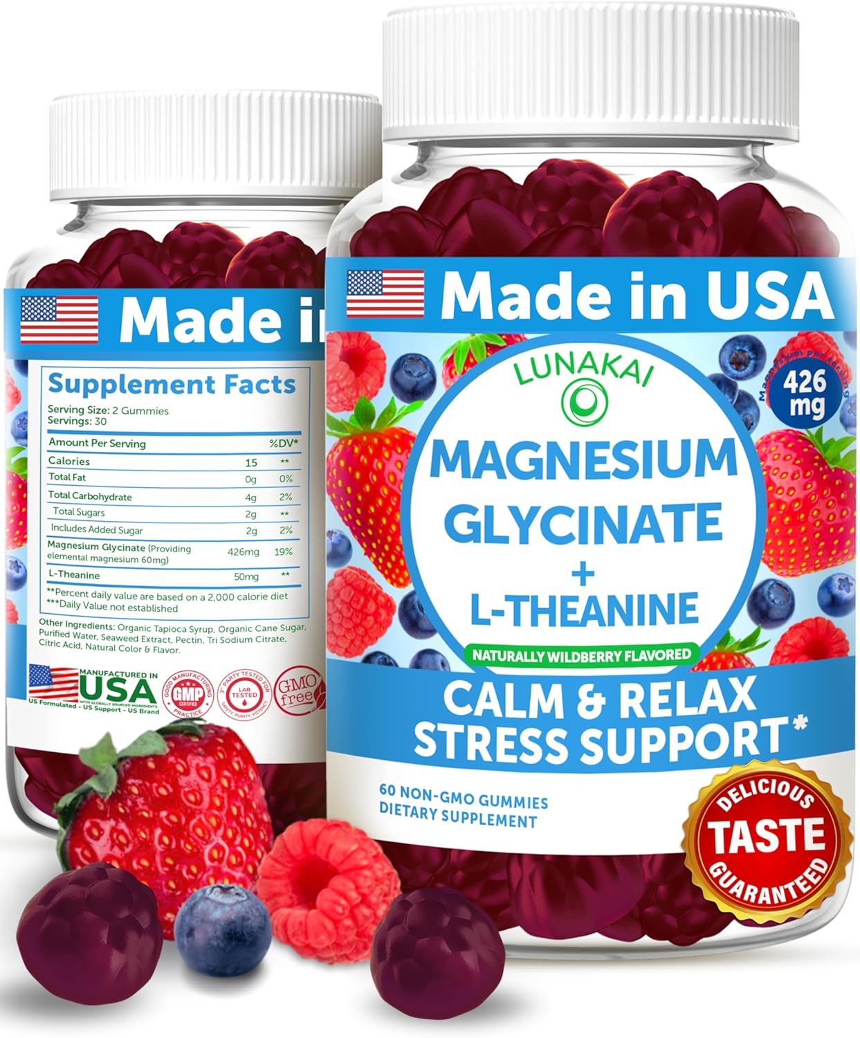 Lunakai USA Made Magnesium Glycinate Gummies 426mg with L-Theanine for Calm, Sleep, Stress Relief - Non-GMO, Vegan - 60ct