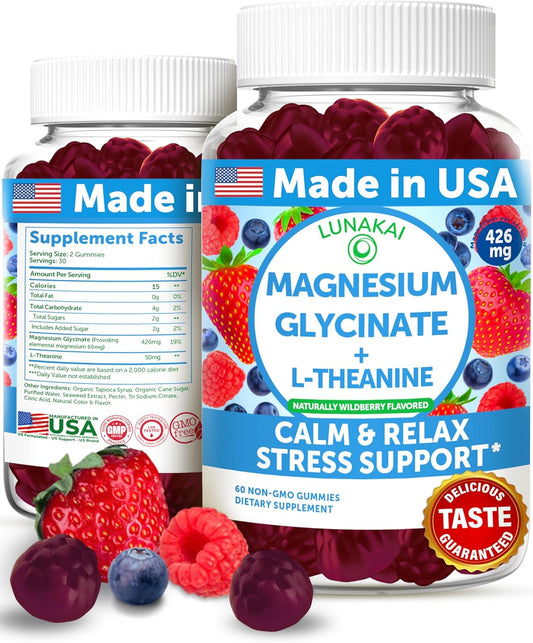 Lunakai USA Made Magnesium Glycinate Gummies 426mg with L-Theanine for Calm, Sleep, Stress Relief - Non-GMO, Vegan - 60ct