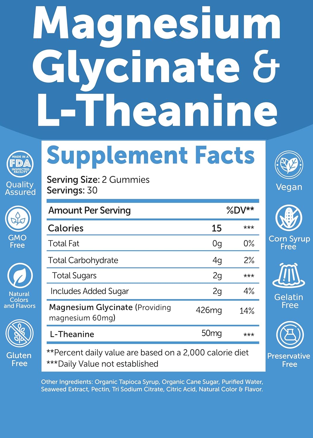Lunakai USA Made Magnesium Glycinate Gummies 426mg with L-Theanine for Calm, Sleep, Stress Relief - Non-GMO, Vegan - 60ct