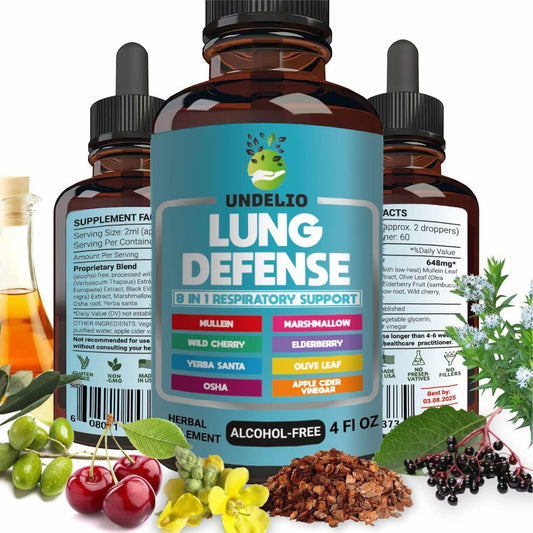 LUNG DEFENSE Herbal Extract Blend for Respiratory & Immune Support - Mullein, Marshmallow, OSHA, Wild Cherry, Elderberry, Yerba Santa, Olive Leaf, ACV - 4 OZ Liquid Supplement