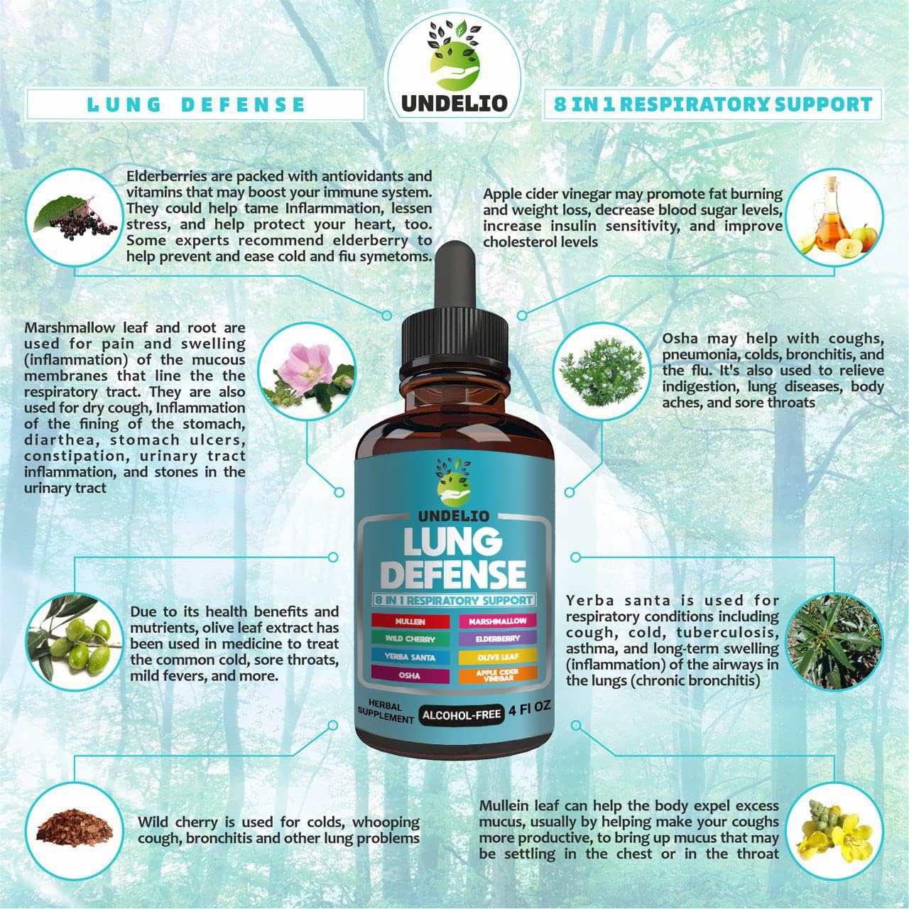 LUNG DEFENSE Herbal Extract Blend for Respiratory & Immune Support - Mullein, Marshmallow, OSHA, Wild Cherry, Elderberry, Yerba Santa, Olive Leaf, ACV - 4 OZ Liquid Supplement