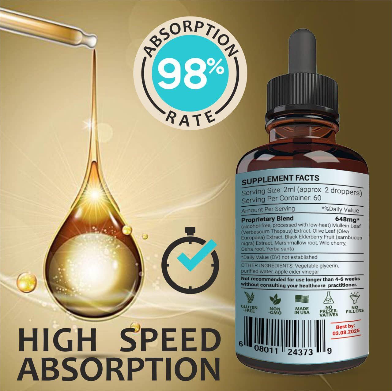 LUNG DEFENSE Herbal Extract Blend for Respiratory & Immune Support - Mullein, Marshmallow, OSHA, Wild Cherry, Elderberry, Yerba Santa, Olive Leaf, ACV - 4 OZ Liquid Supplement