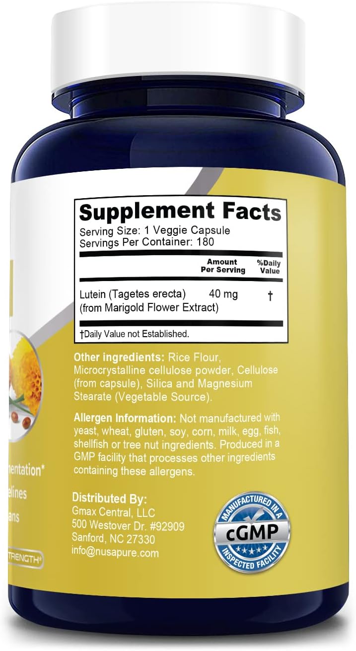 Lutein 40mg Supplement - 180 Vegetable Capsules - Non-GMO & Gluten Free by NusaPure
