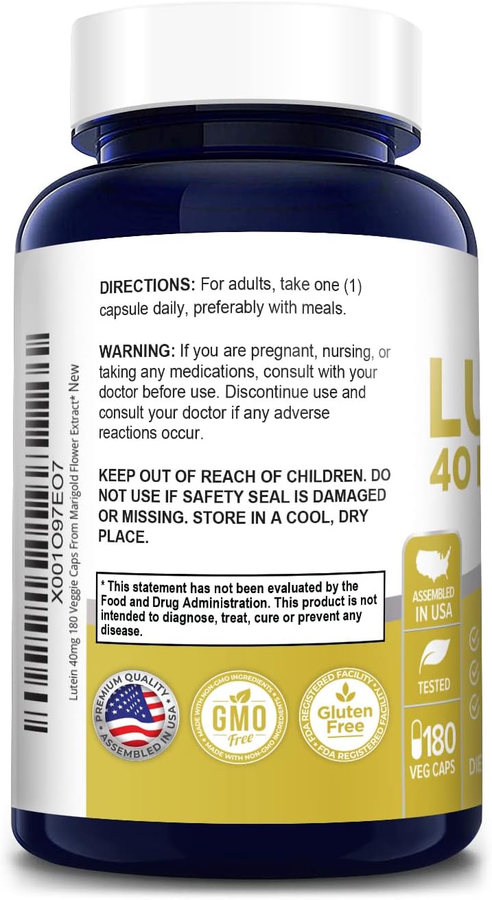 Lutein 40mg Supplement - 180 Vegetable Capsules - Non-GMO & Gluten Free by NusaPure
