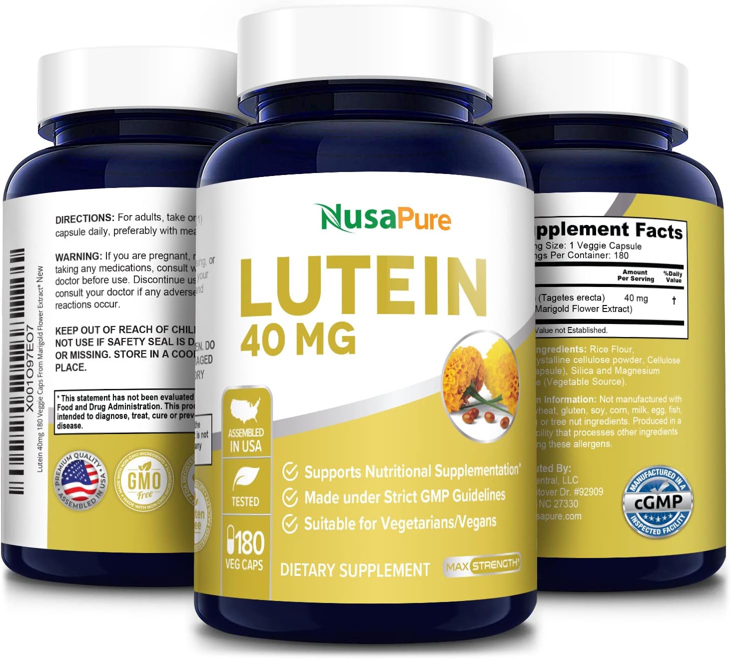 Lutein 40mg Supplement - 180 Vegetable Capsules - Non-GMO & Gluten Free by NusaPure