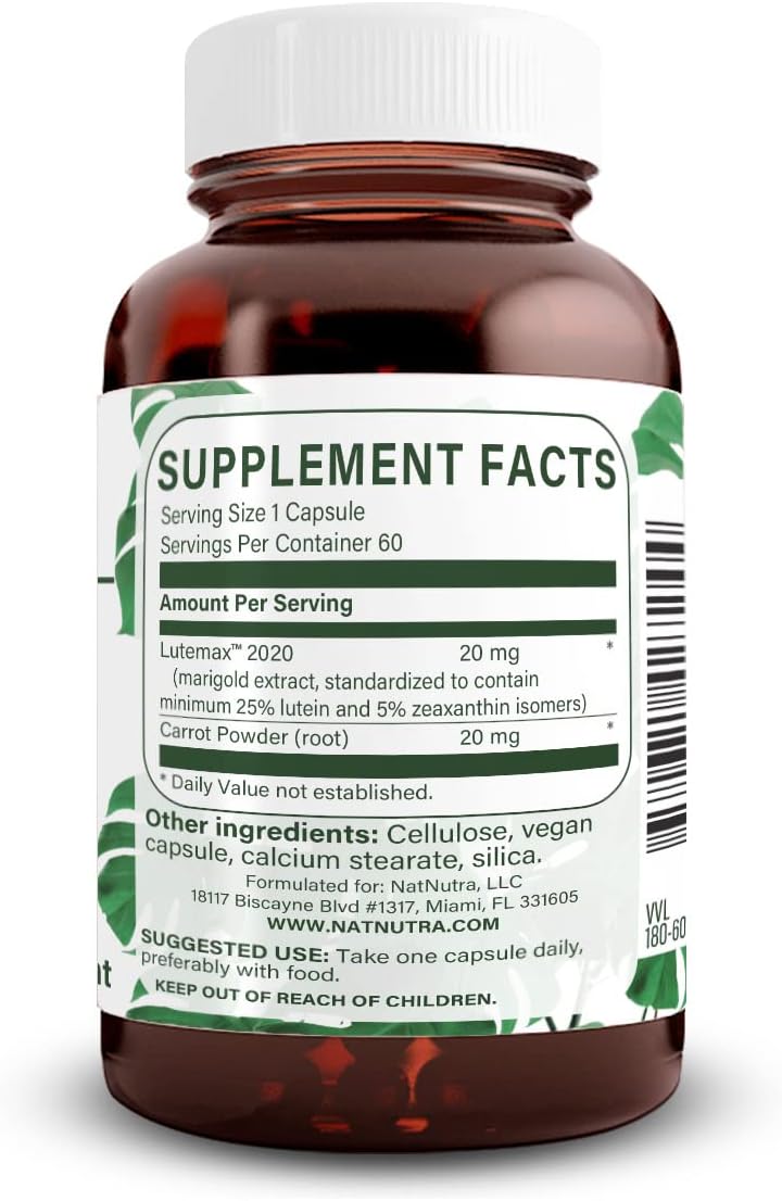 Lutein and Zeaxanthin Supplement for Vision and Eye Health, High Zeaxanthin Levels, Gluten and Soy Free, 20mg - 60 Capsules