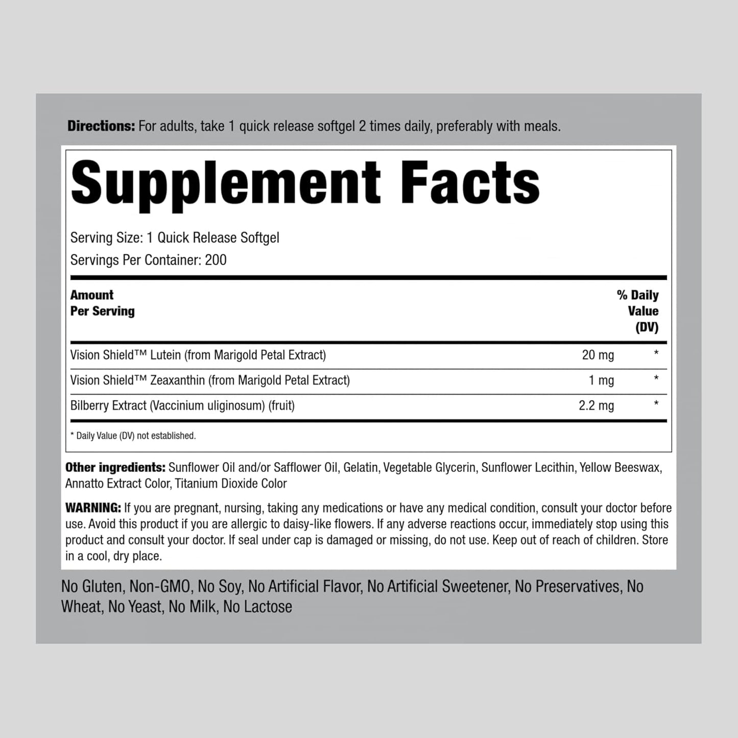 Lutein and Zeaxanthin Supplements with Bilberry Extract for Eye Health - 200 Softgels - Non-GMO, Gluten Free