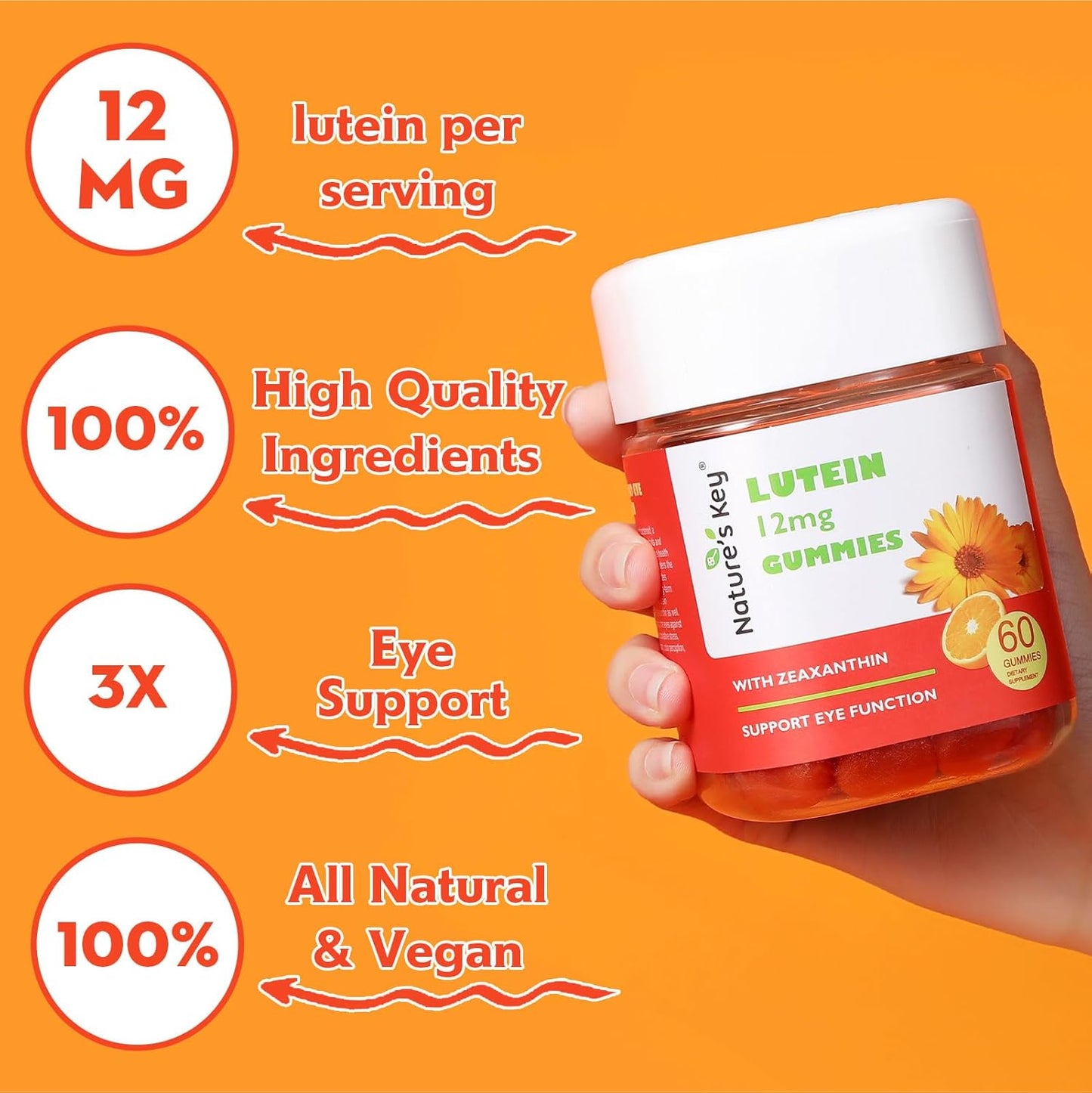Lutein Gummies with Zeaxanthin & Vitamin A - Eye Health and Brain Support for Kids and Adults - Orange Flavor - 60Ct