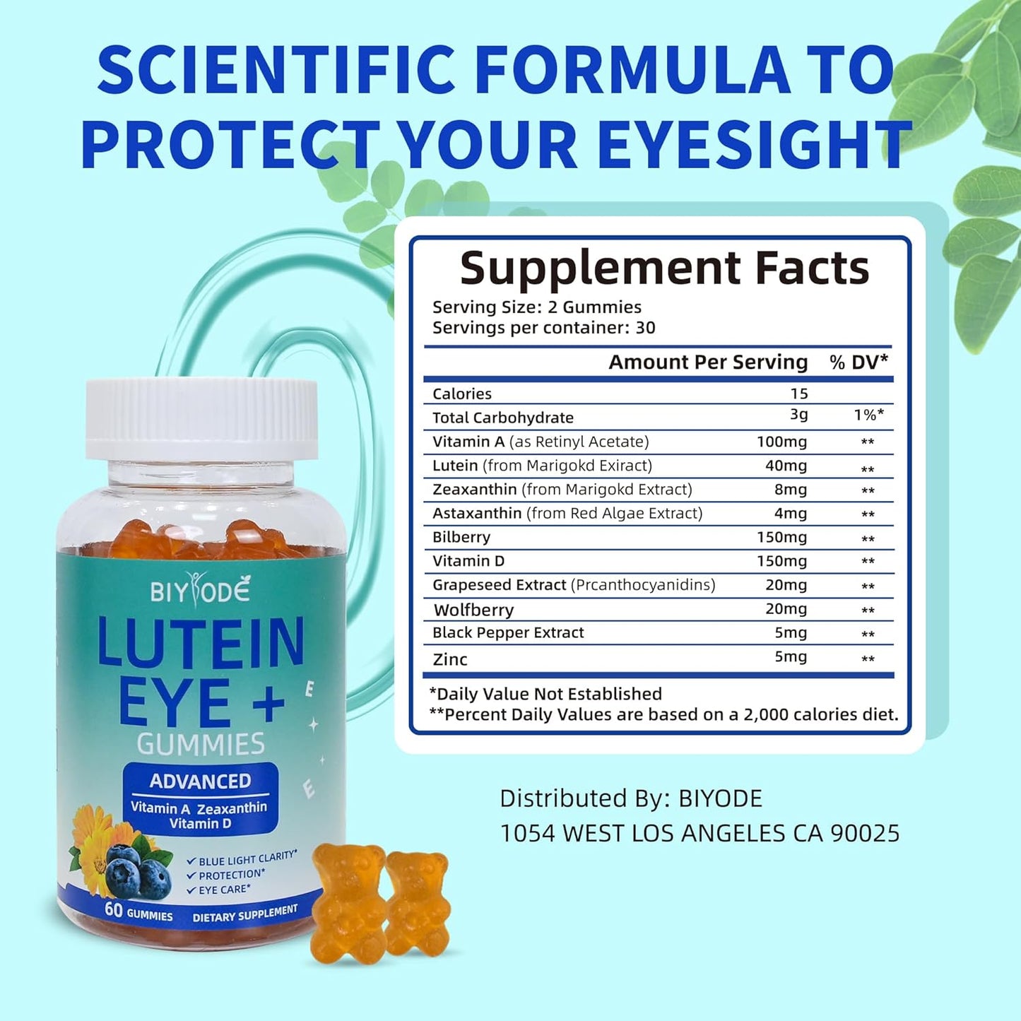 Lutein Gummy Vitamins for Adult Eye Health and Macular Support - 60 Gummies