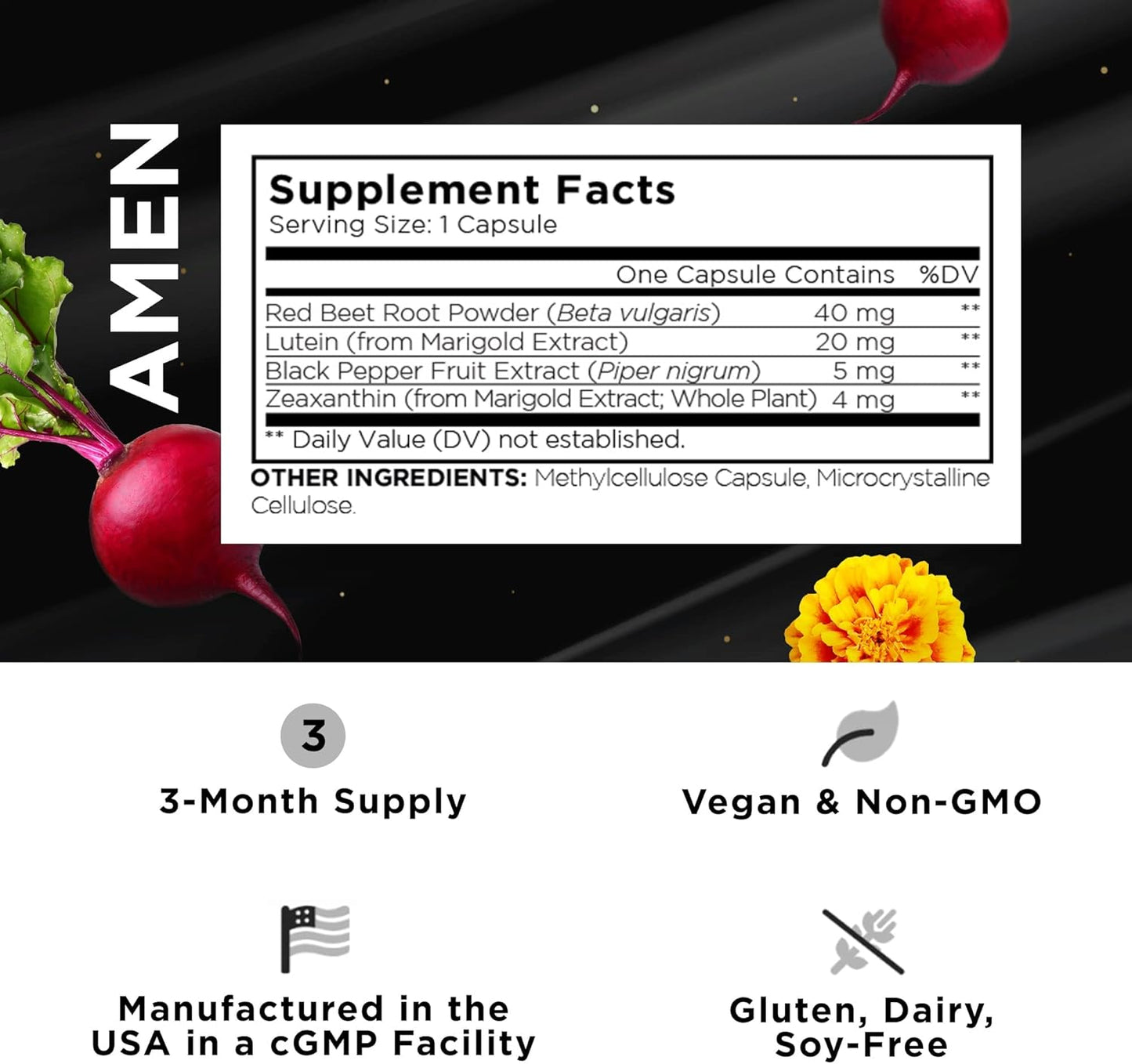 Lutein Zeaxanthin Eye Vitamin Supplement - Marigold Extract, Red Beet Root, Black Pepper - 3 Months Supply - Non-GMO - 90 Capsules
