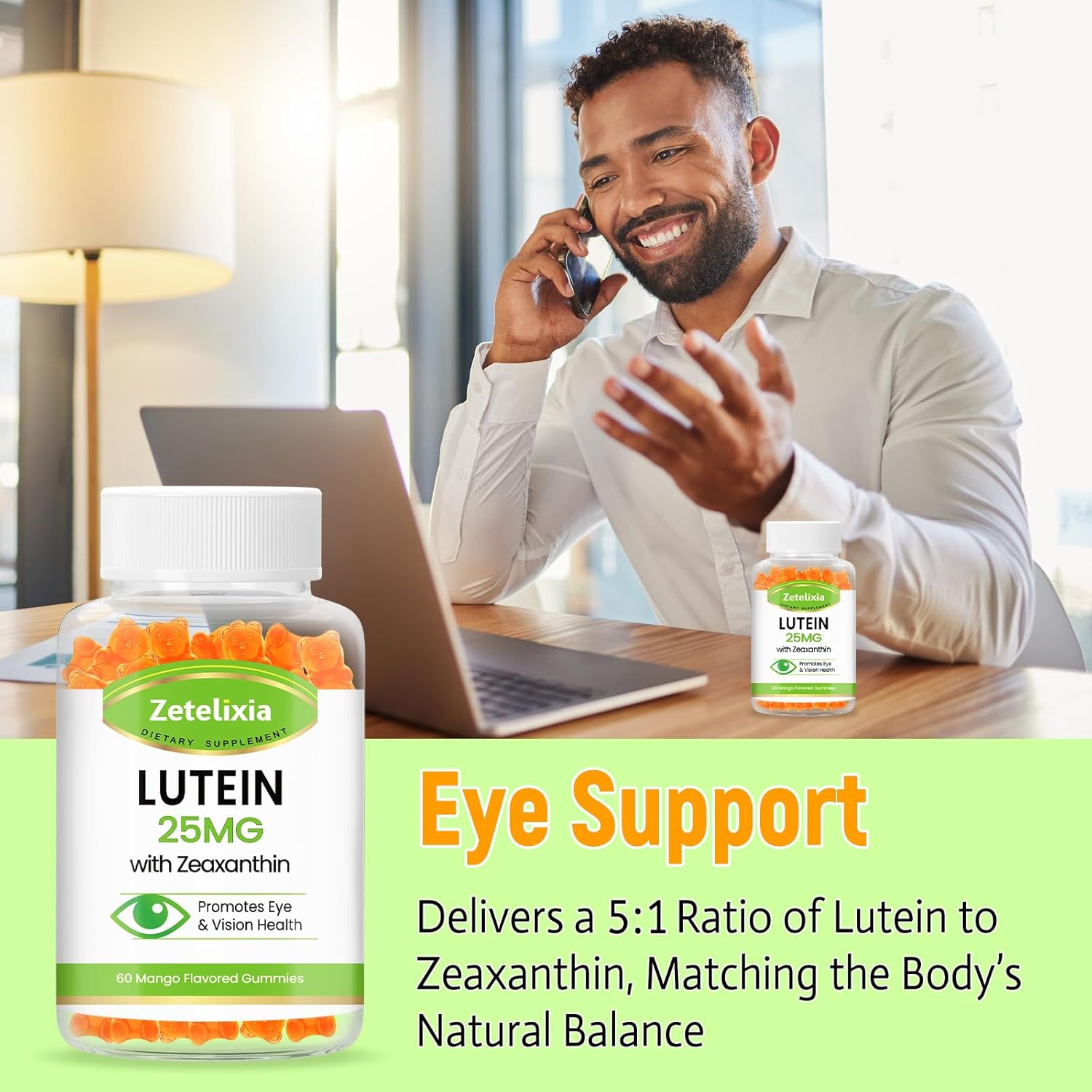 Lutein & Zeaxanthin Gummies 25mg - Eye Health Supplement for Adults - Sugar-Free Vision Support Gummies - 60 Count