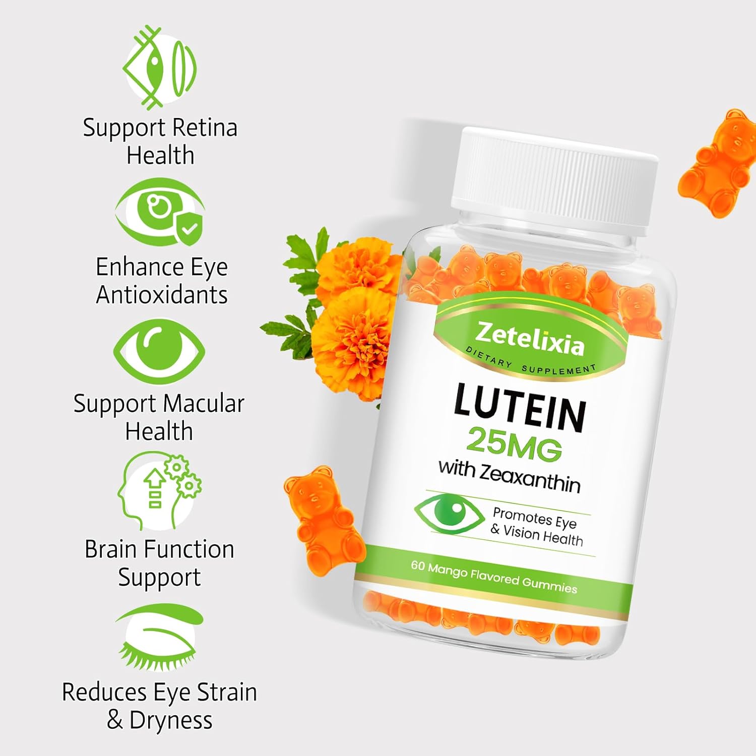 Lutein & Zeaxanthin Gummies 25mg - Eye Health Supplement for Adults - Sugar-Free Vision Support Gummies - 60 Count
