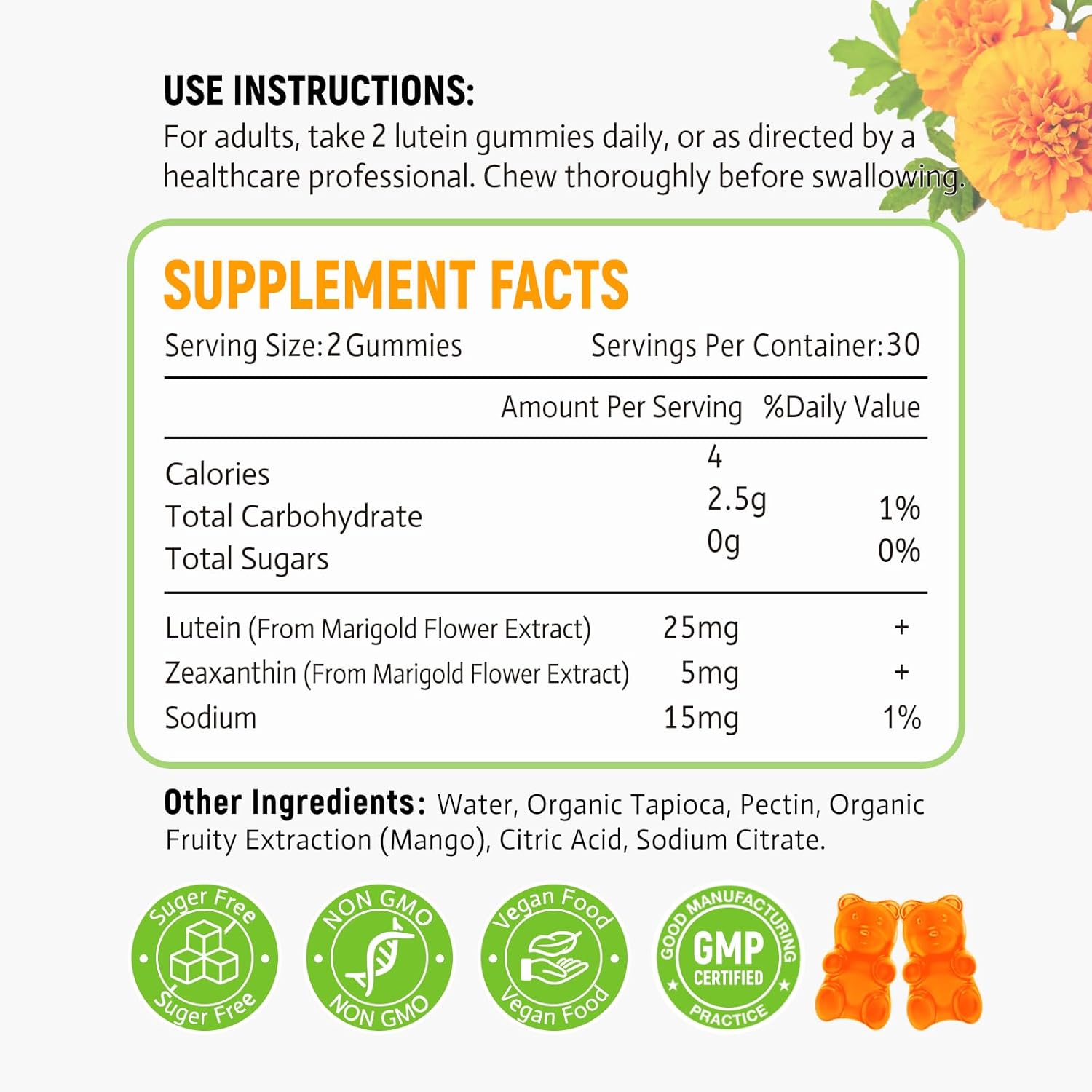 Lutein & Zeaxanthin Gummies 25mg - Eye Health Supplement for Adults - Sugar-Free Vision Support Gummies - 60 Count