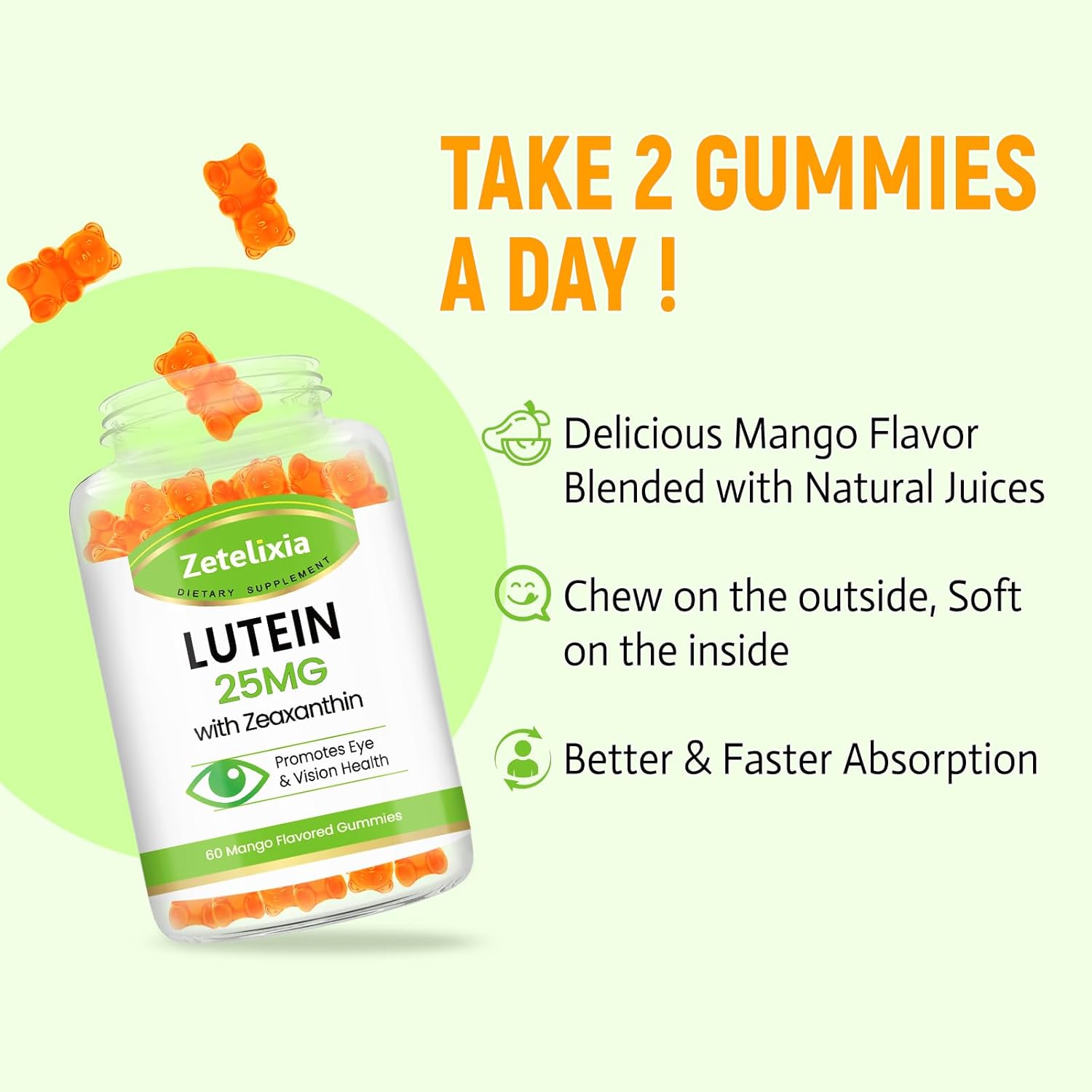 Lutein & Zeaxanthin Gummies 25mg - Eye Health Supplement for Adults - Sugar-Free Vision Support Gummies - 60 Count