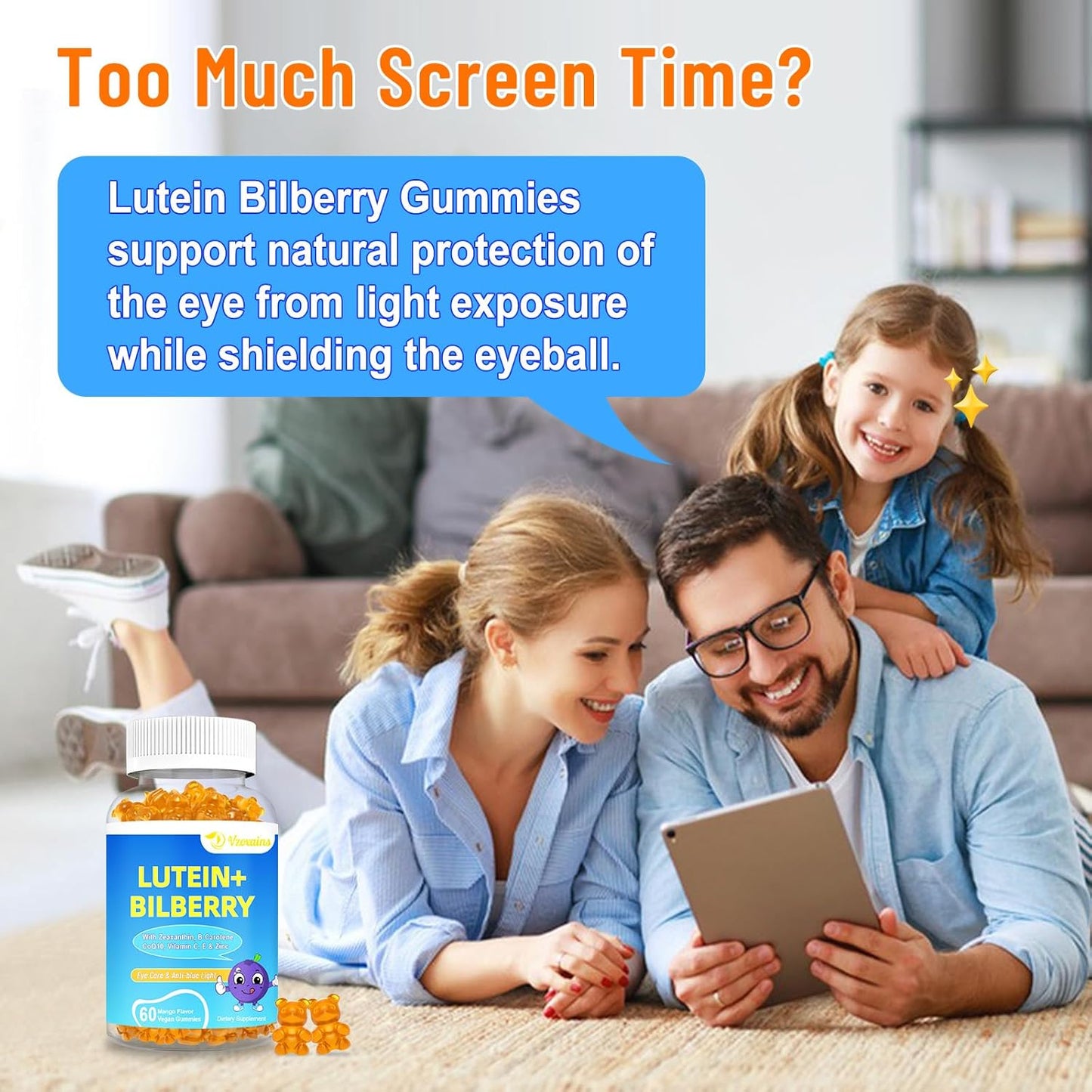 Lutein & Zeaxanthin Gummies with Bilberry, Astaxanthin, Omega 3, Vitamin C, E - Eye Health Supplement for Adults & Kids - Dry Eye Relief, Vision Clarity, Macular Support - VZOXAINS 20mg