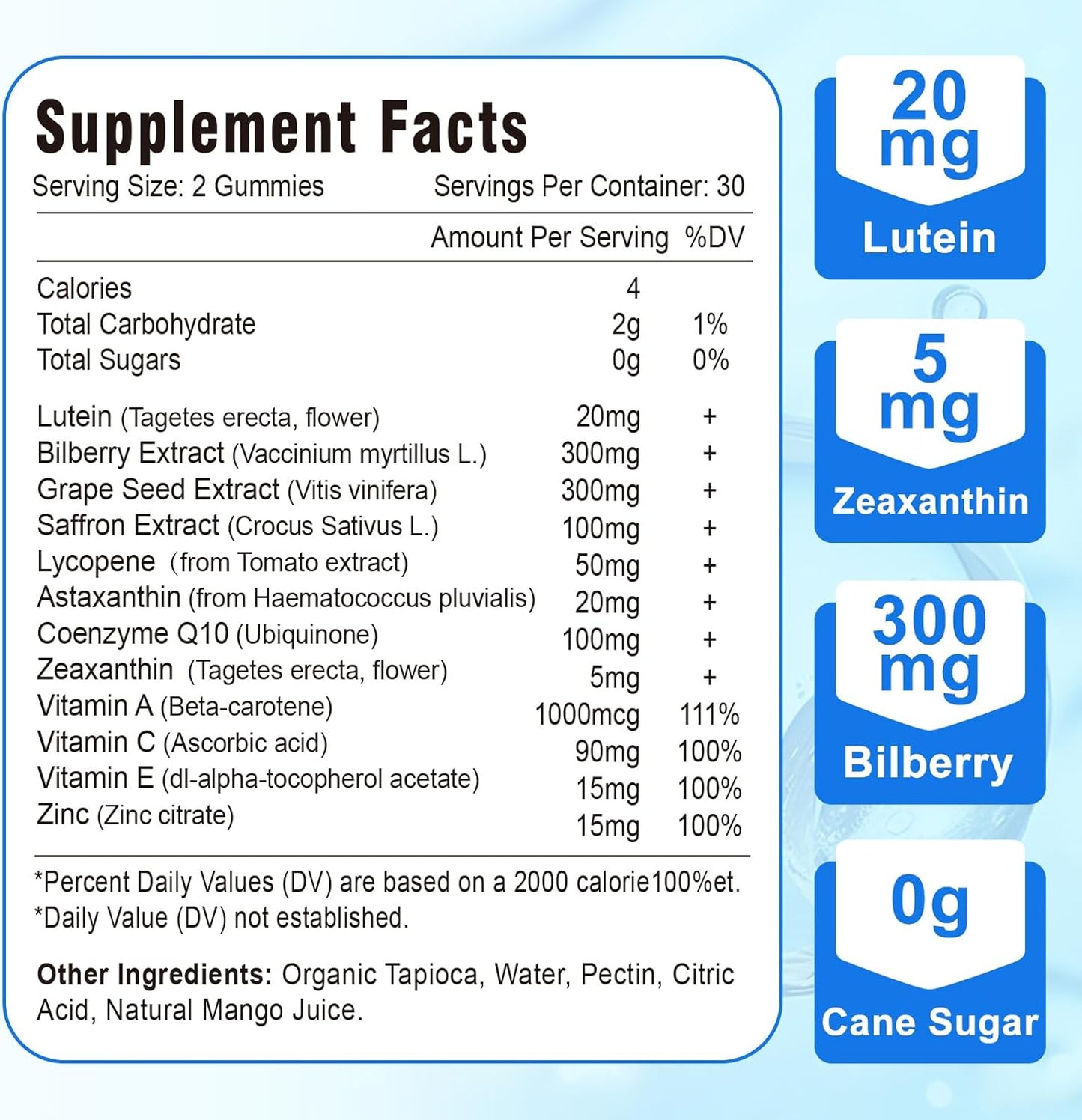Lutein & Zeaxanthin Gummies with Bilberry, Astaxanthin, Omega 3, Vitamin C, E - Eye Health Supplement for Adults & Kids - Dry Eye Relief, Vision Clarity, Macular Support - VZOXAINS 20mg