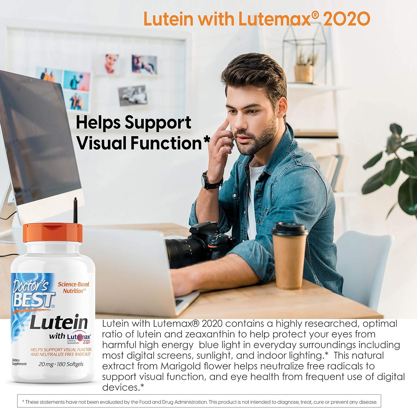Lutemax Lutein Supplement for Eye Health - 20 mg, 180 Softgels, Non-GMO, Gluten Free, Soy Free - Doctor's Best