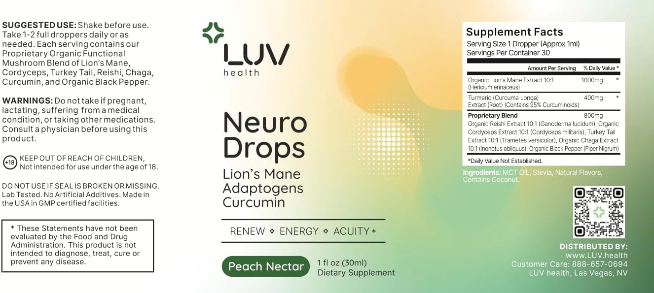 LUV Health Neuro Drops: Lion's Mane & Turmeric Mushroom Drops for Nerve & Joint Support - Keto, Vegan, Non-GMO (30 Servings)