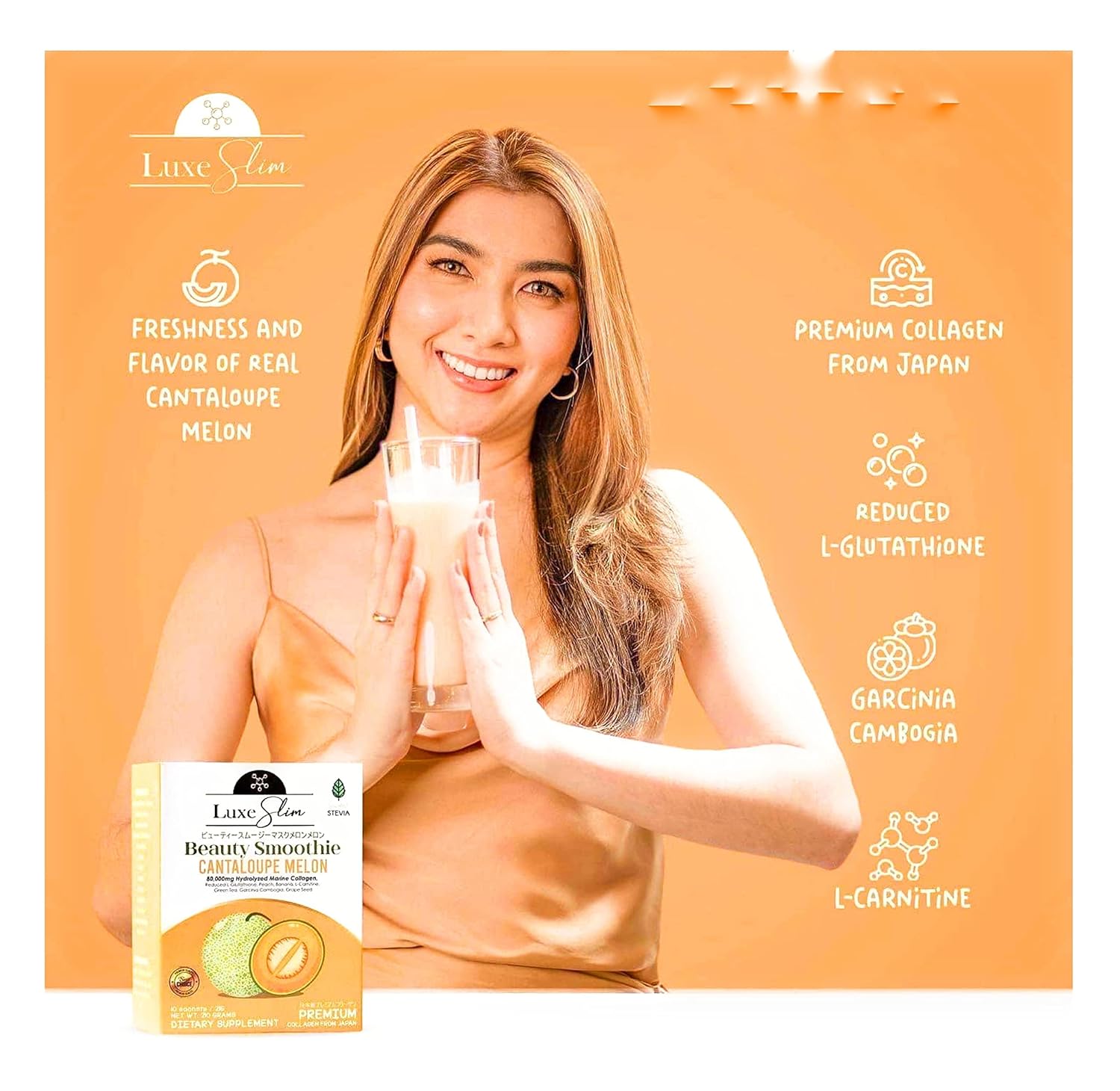 Luxe Slim Beauty Smoothie with Cantaloupe Melon, 80,000mg Hydrolyzed Marine Collagen - 10 Sachets