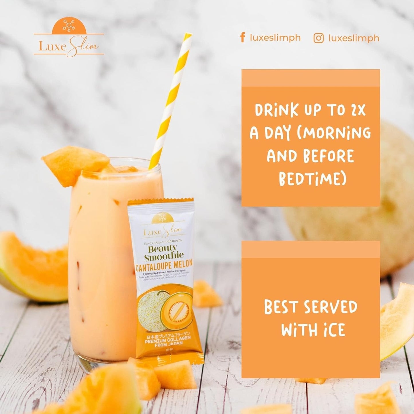 Luxe Slim Beauty Smoothie with Cantaloupe Melon, 80,000mg Hydrolyzed Marine Collagen - 10 Sachets
