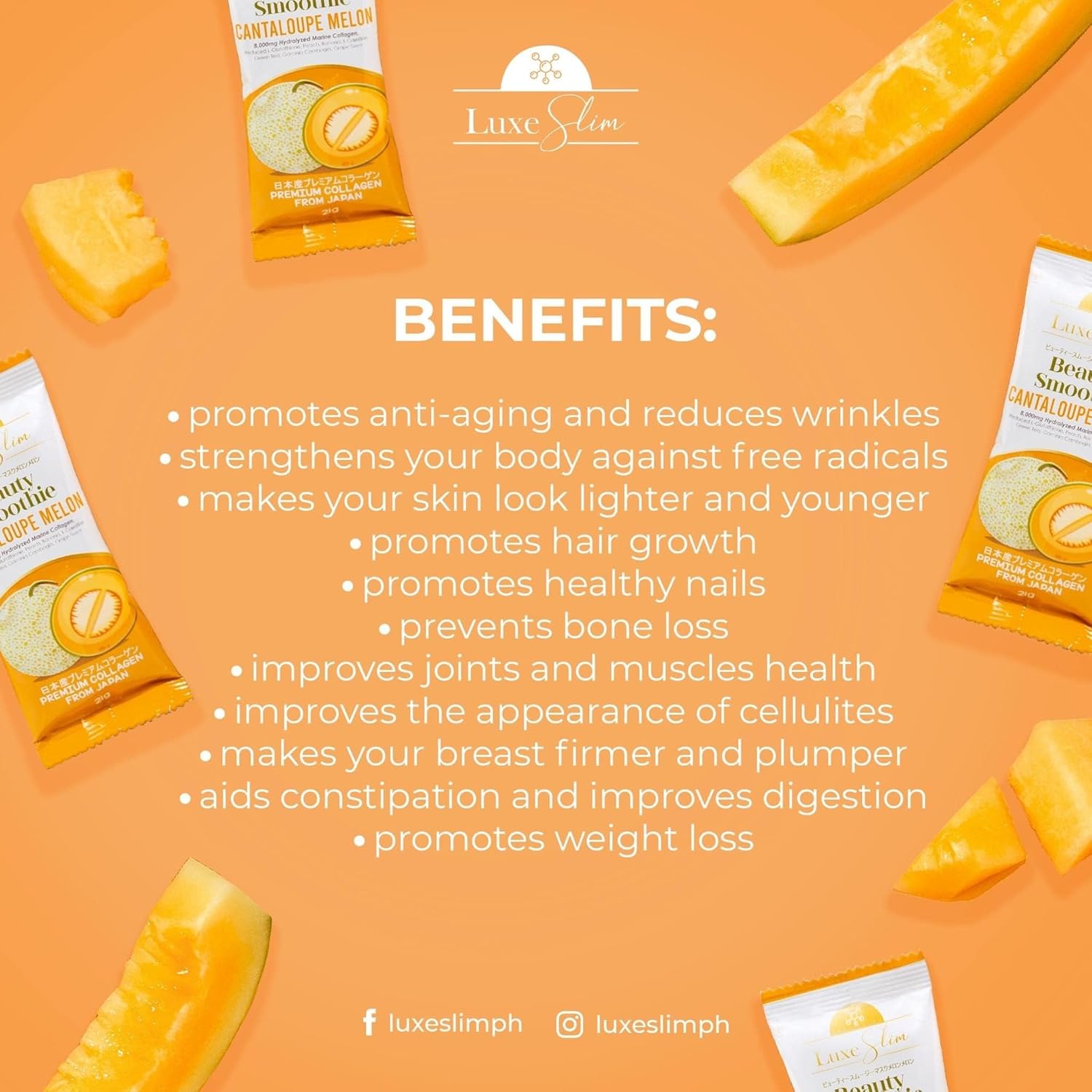 Luxe Slim Beauty Smoothie with Cantaloupe Melon, 80,000mg Hydrolyzed Marine Collagen - 10 Sachets