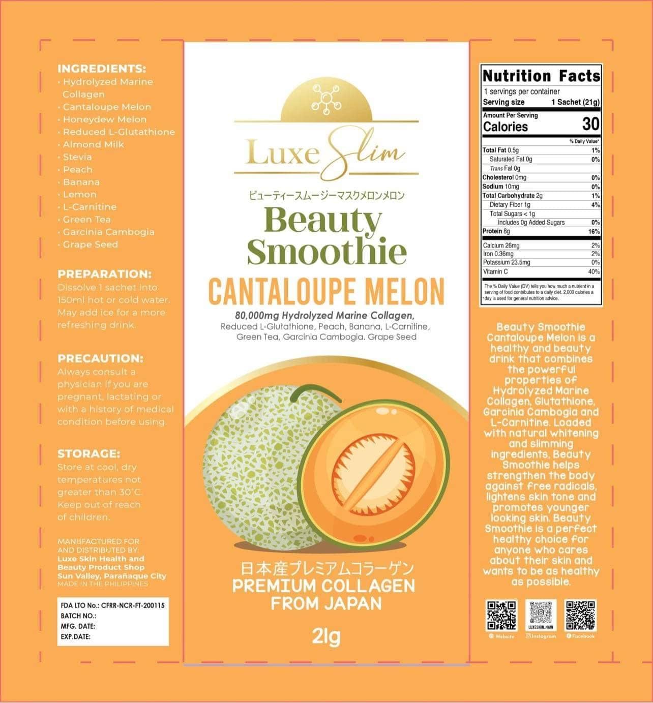 Luxe Slim Beauty Smoothie with Cantaloupe Melon, 80,000mg Hydrolyzed Marine Collagen - 10 Sachets