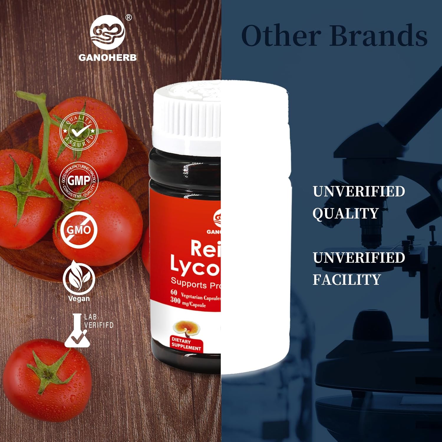 Lycopene 100mg Supplement with Reishi Mushroom 200mg for Immune Support - 60 Vegan Capsules