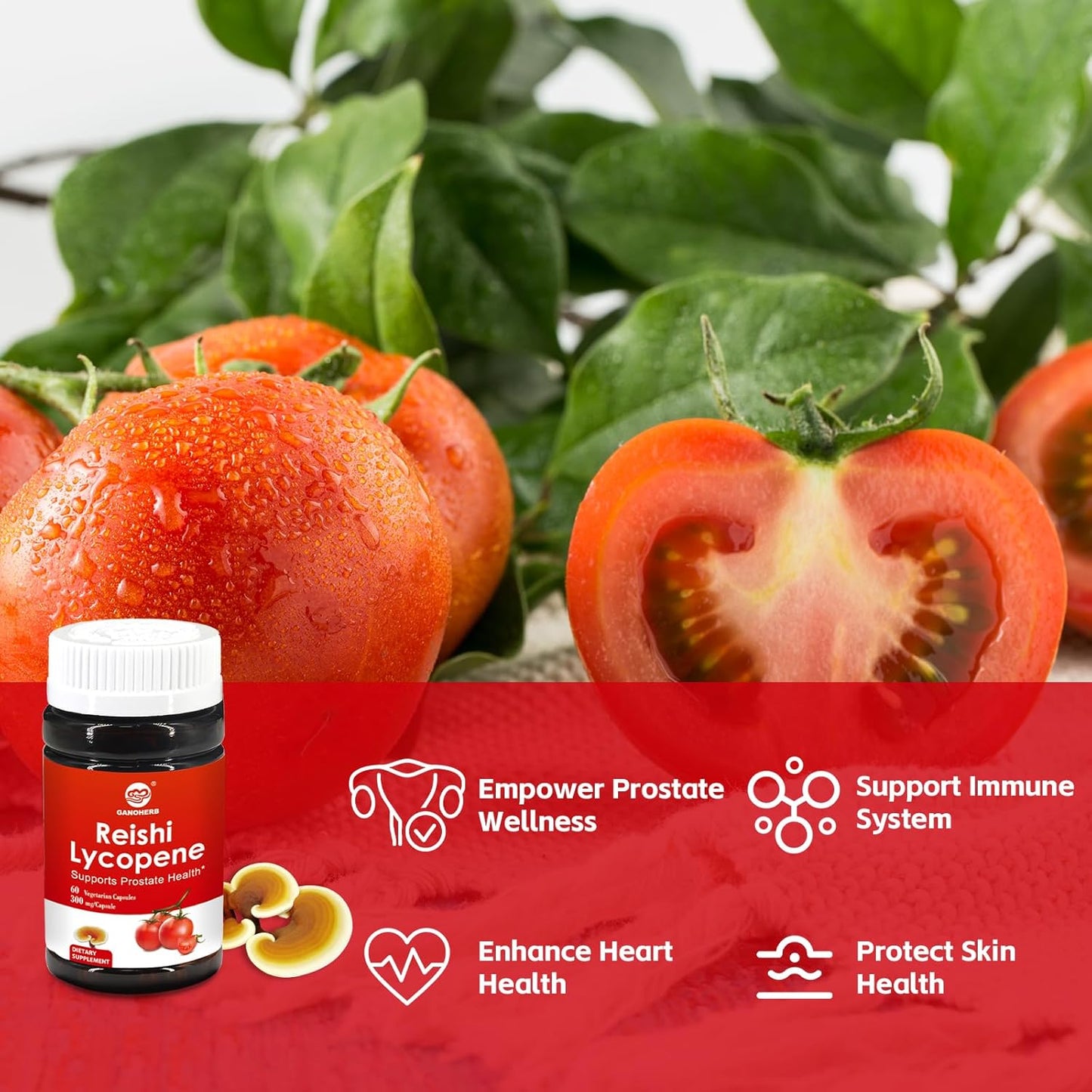 Lycopene 100mg Supplement with Reishi Mushroom 200mg for Immune Support - 60 Vegan Capsules