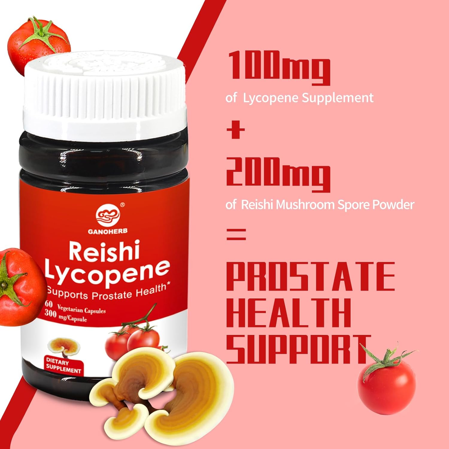 Lycopene 100mg Supplement with Reishi Mushroom 200mg for Immune Support - 60 Vegan Capsules